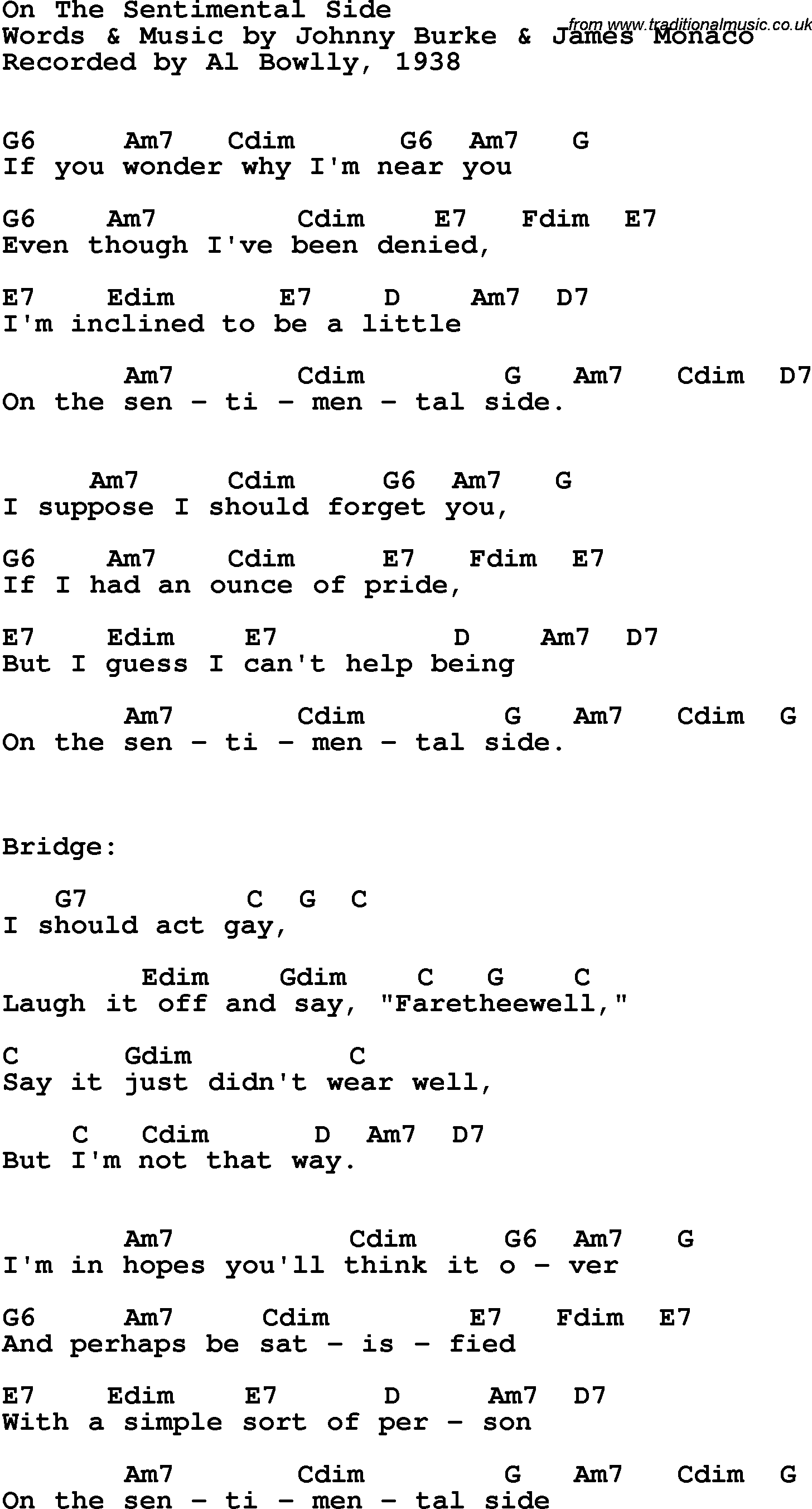 Song Lyrics with guitar chords for On The Sentimental Side - Al Bowlly 1938