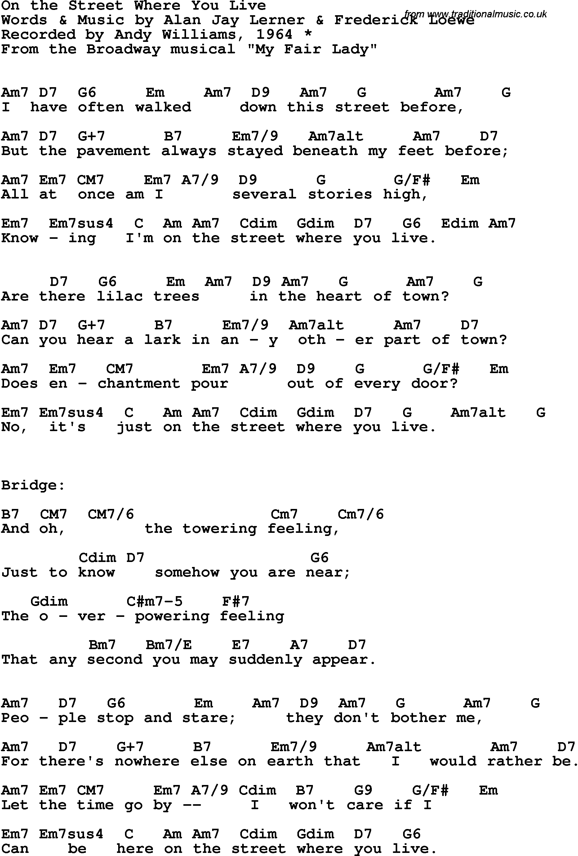 Song Lyrics with guitar chords for On The Street Where You Live - Andy Williams, 1964