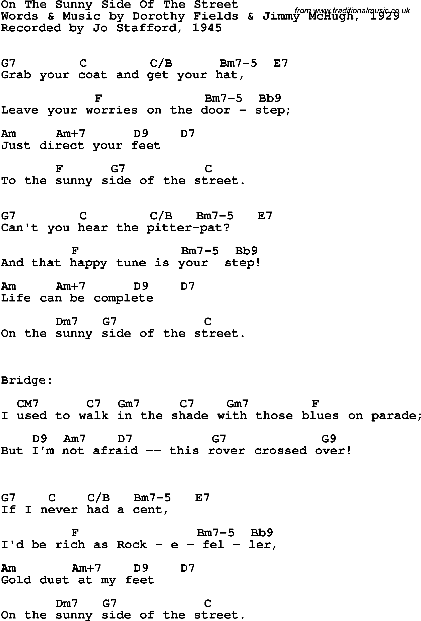 Song Lyrics With Guitar Chords For On The Sunny Side Of The Street