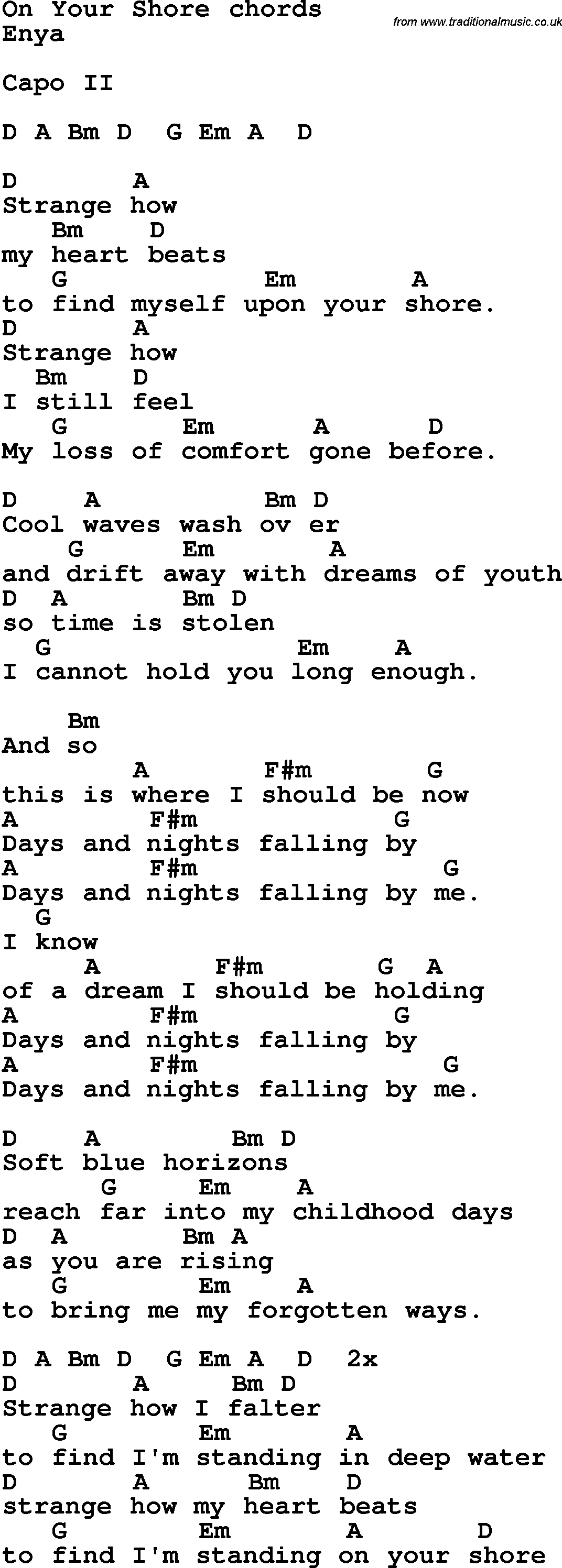 Song Lyrics with guitar chords for On Your Shore
