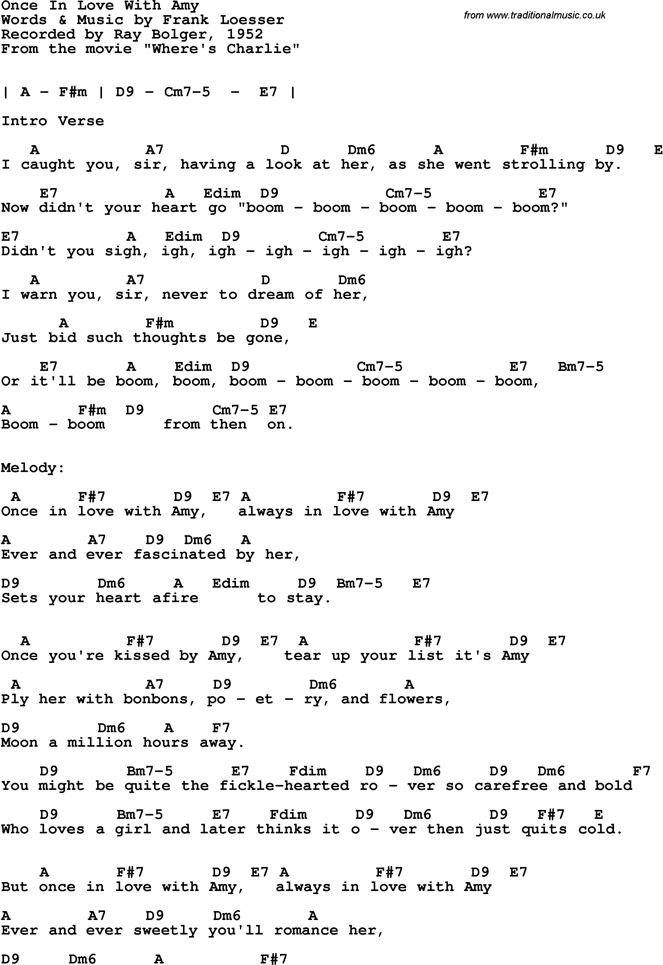 Song Lyrics with guitar chords for Once In Love With Amy - Ray Bolger, 1952