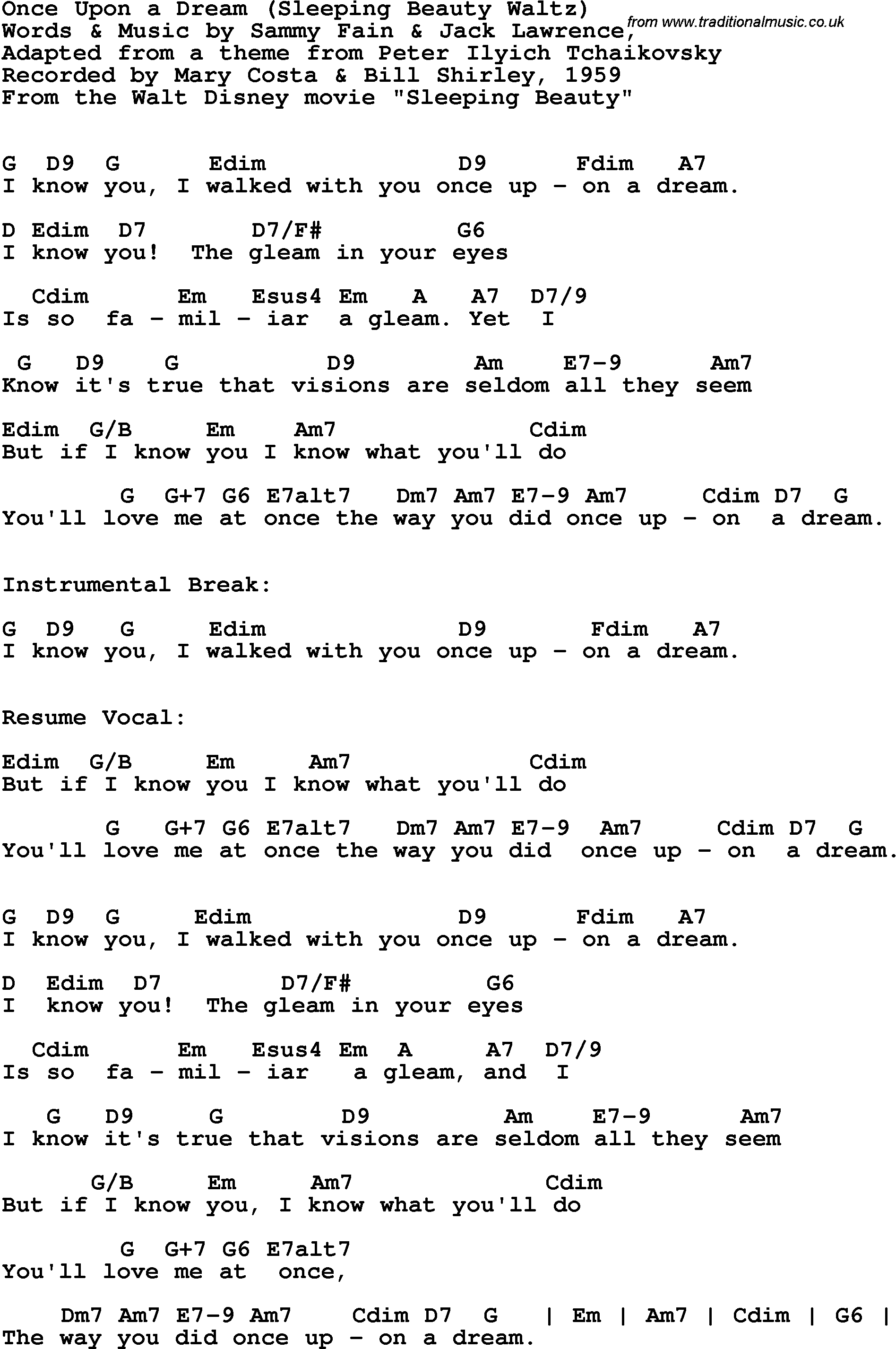 Song Lyrics with guitar chords for Once Upon A Dream - Mary Costa & Bill Shirley, 1959