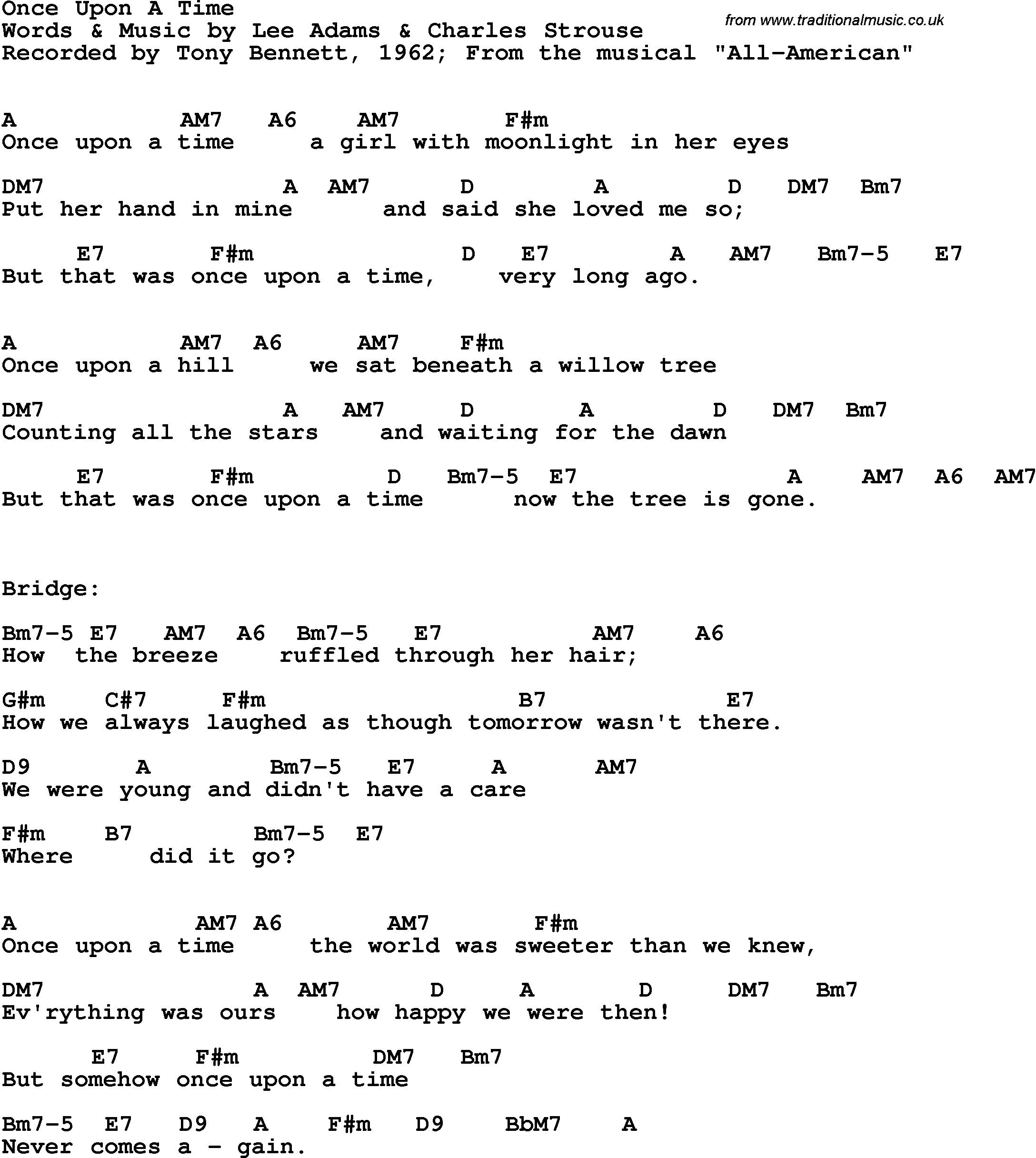 Song Lyrics with guitar chords for Once Upon A Time - Tony Bennett, 1962
