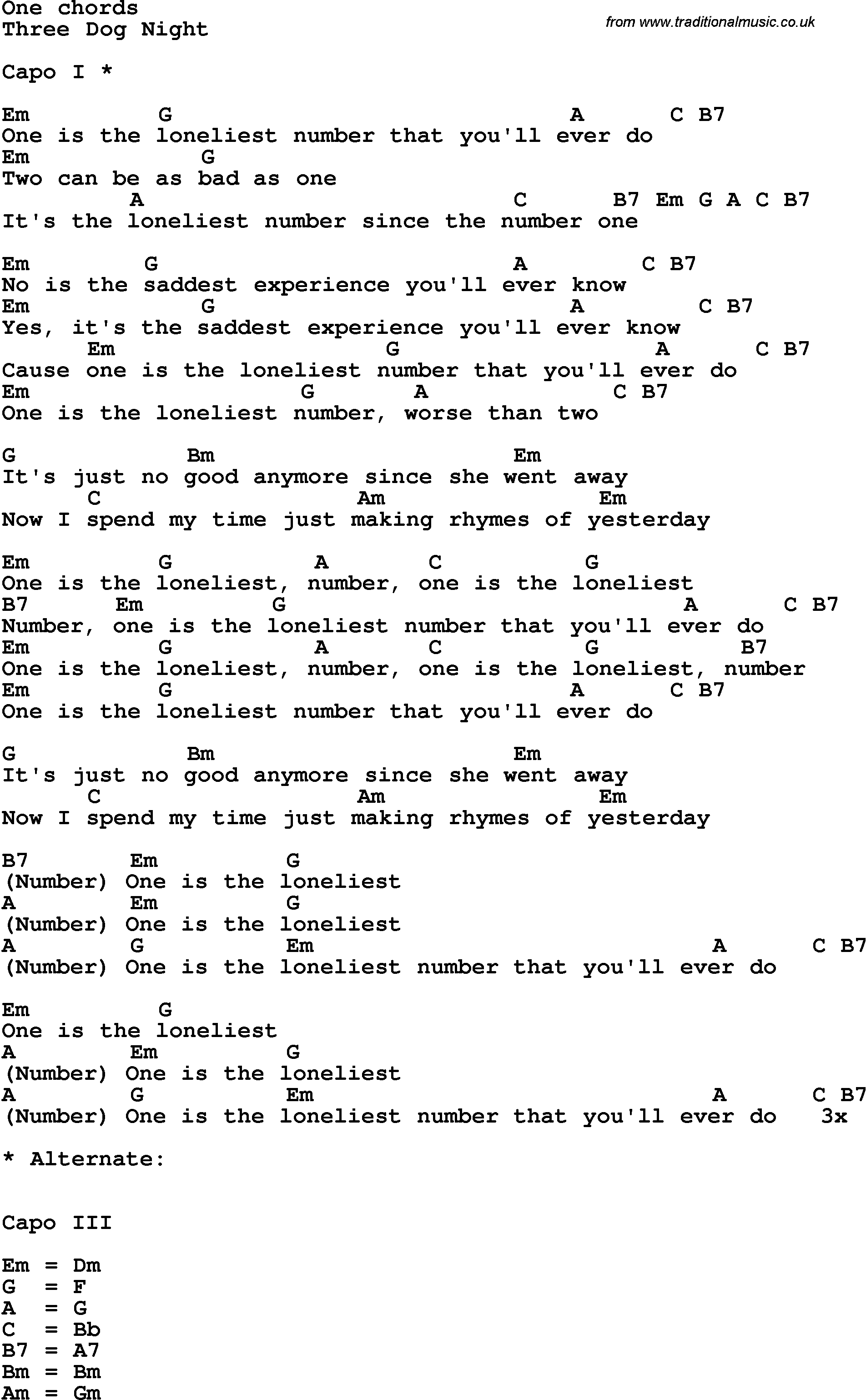 Song Lyrics with guitar chords for One