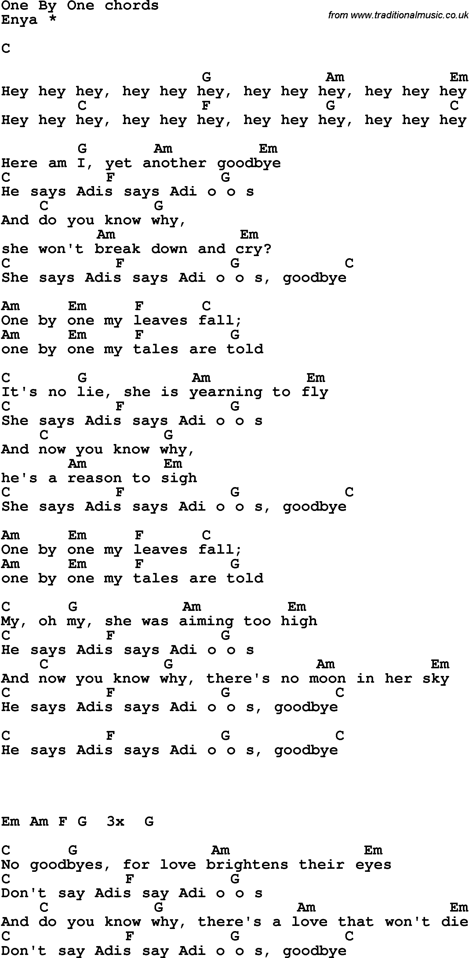 Song Lyrics with guitar chords for One By One