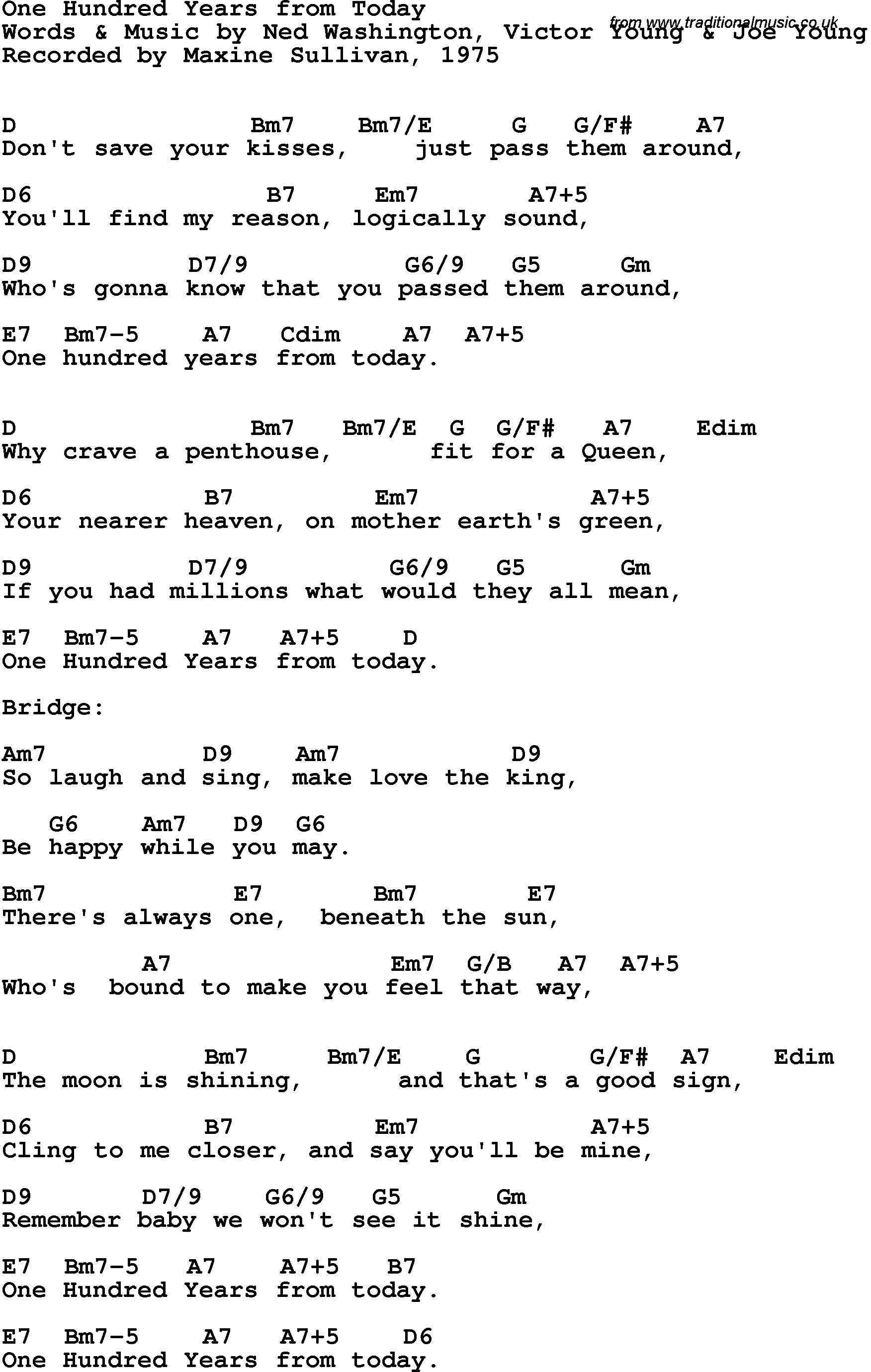 Song Lyrics with guitar chords for One Hundred Years From Today - Maxine Sullivan, 1975