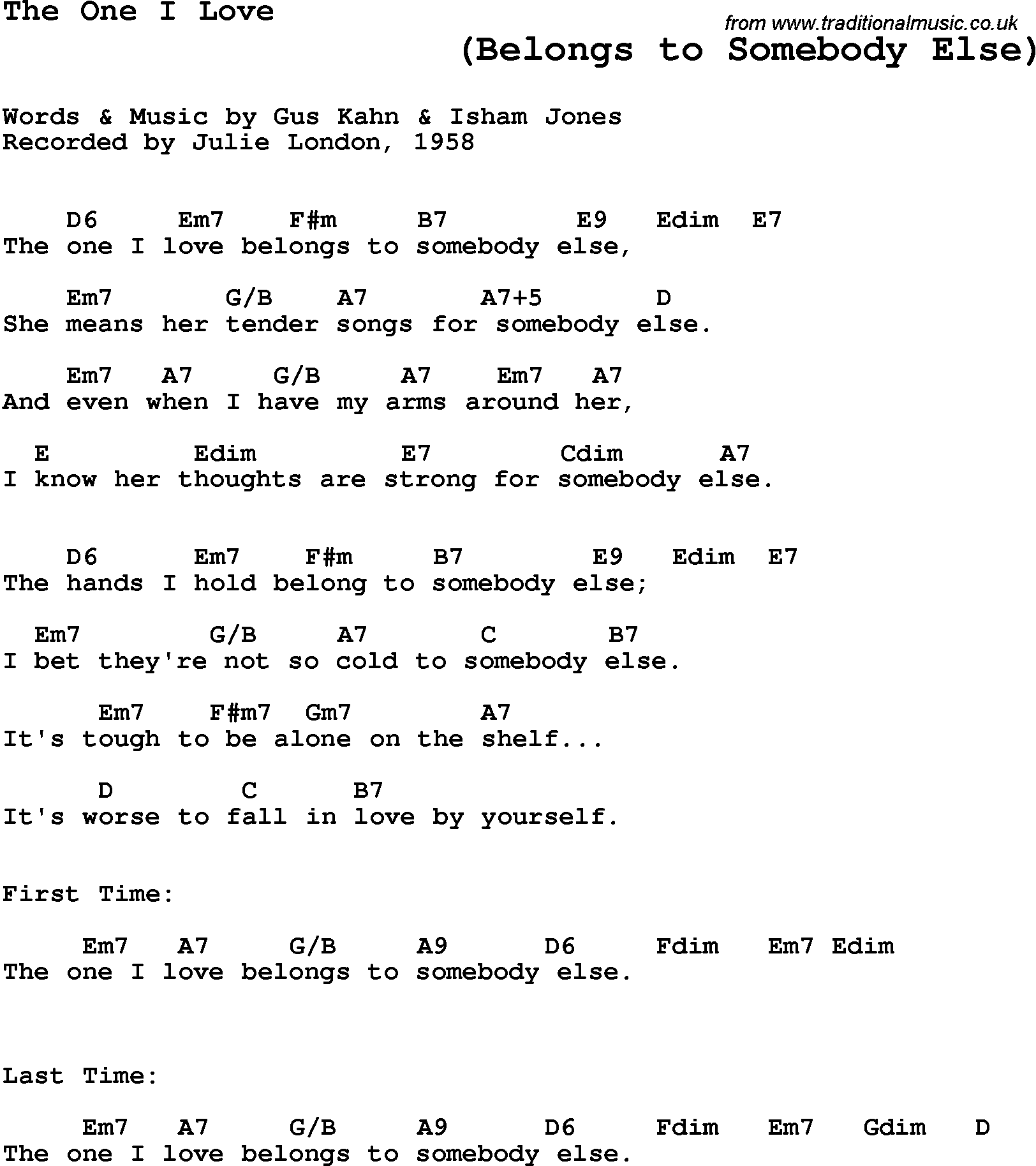 Song Lyrics with guitar chords for One I Love, The - Julie London, 1958