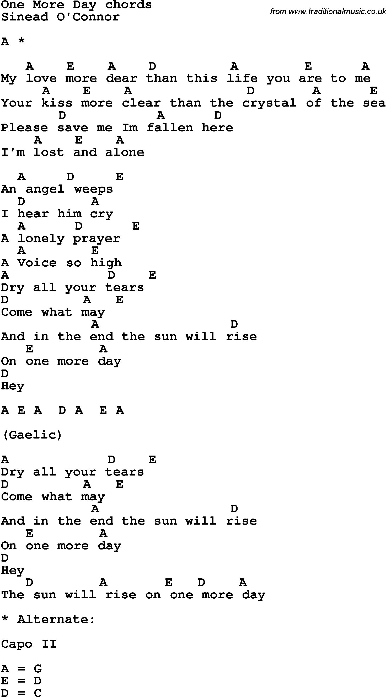 Song Lyrics with guitar chords for One More Day