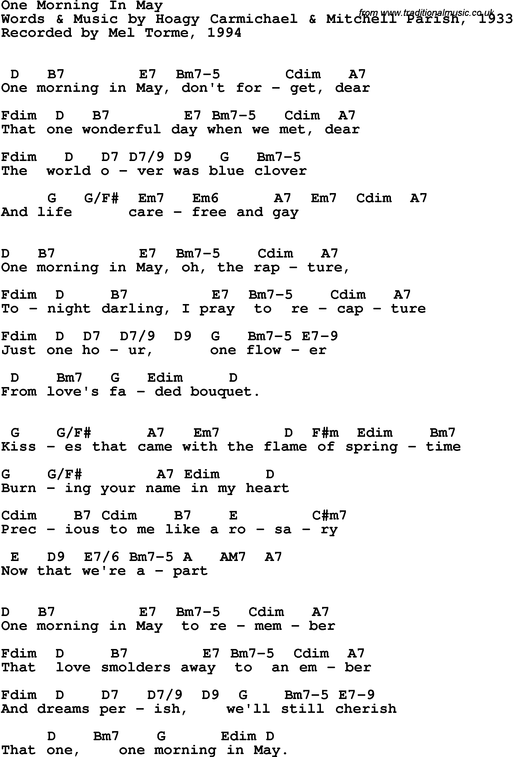 Song Lyrics with guitar chords for One Morning In May - Mel Torme, 1994