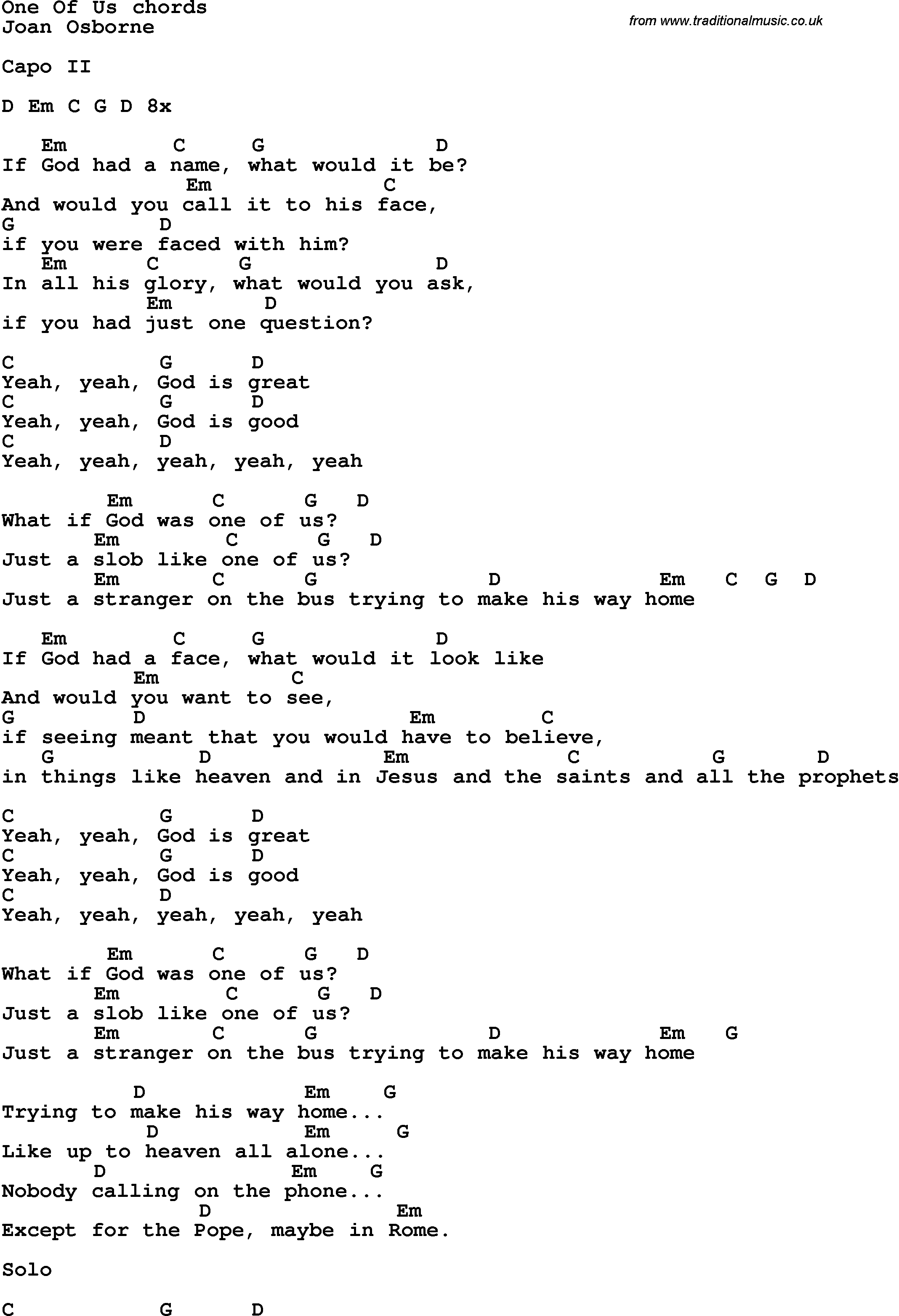 Song Lyrics with guitar chords for One Of Us