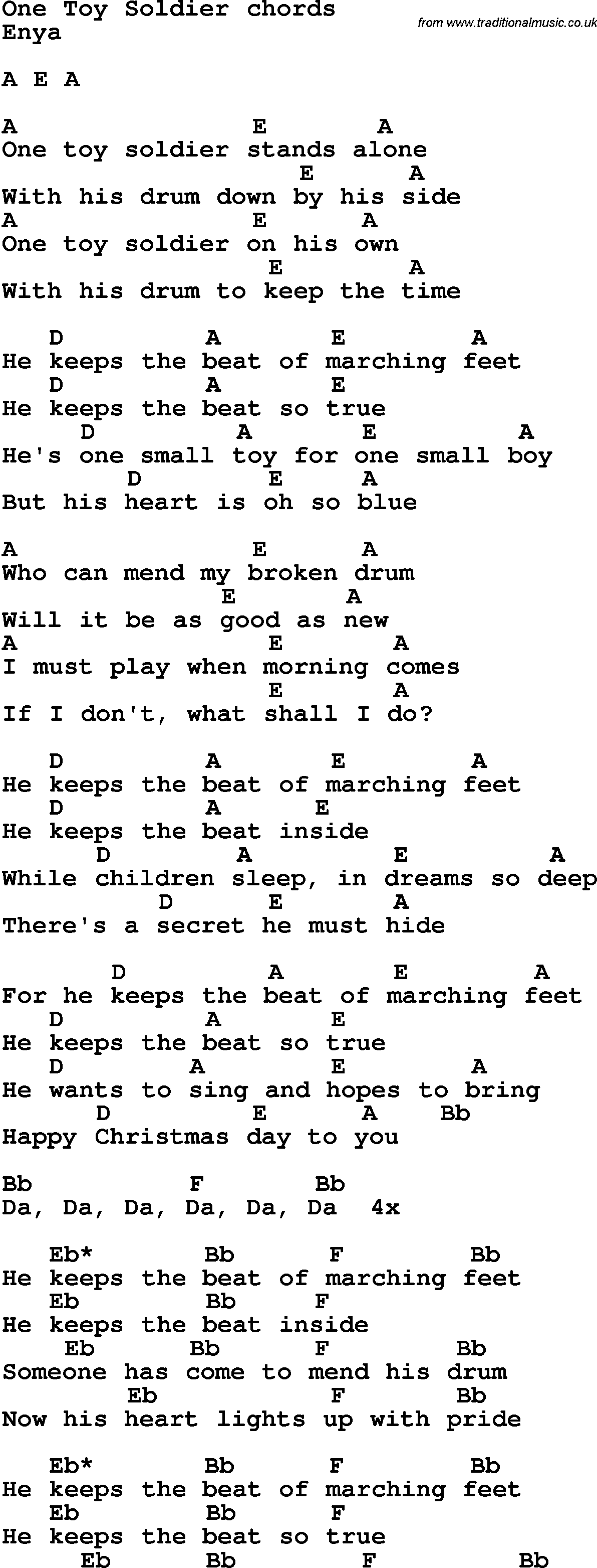 Song Lyrics with guitar chords for One Toy Soldier