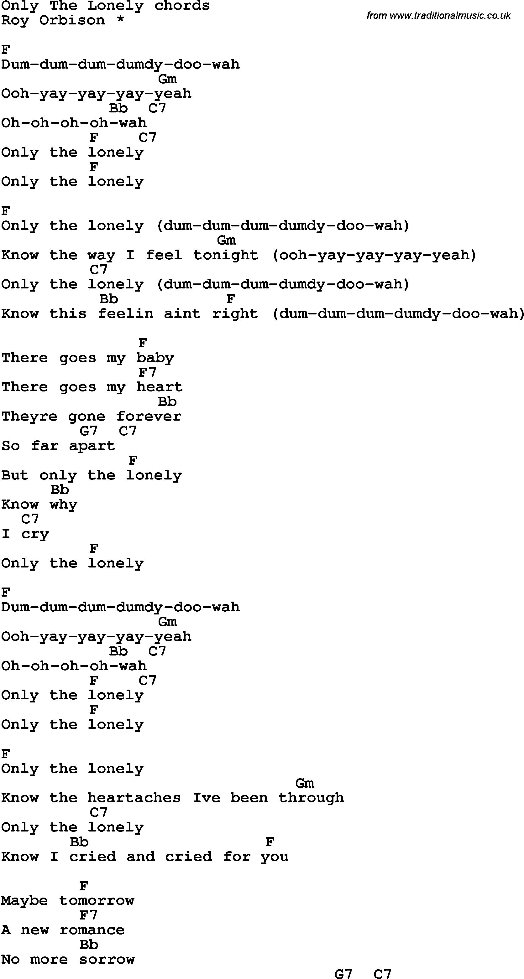 Song Lyrics with guitar chords for Only The Lonely - Roy Orbison