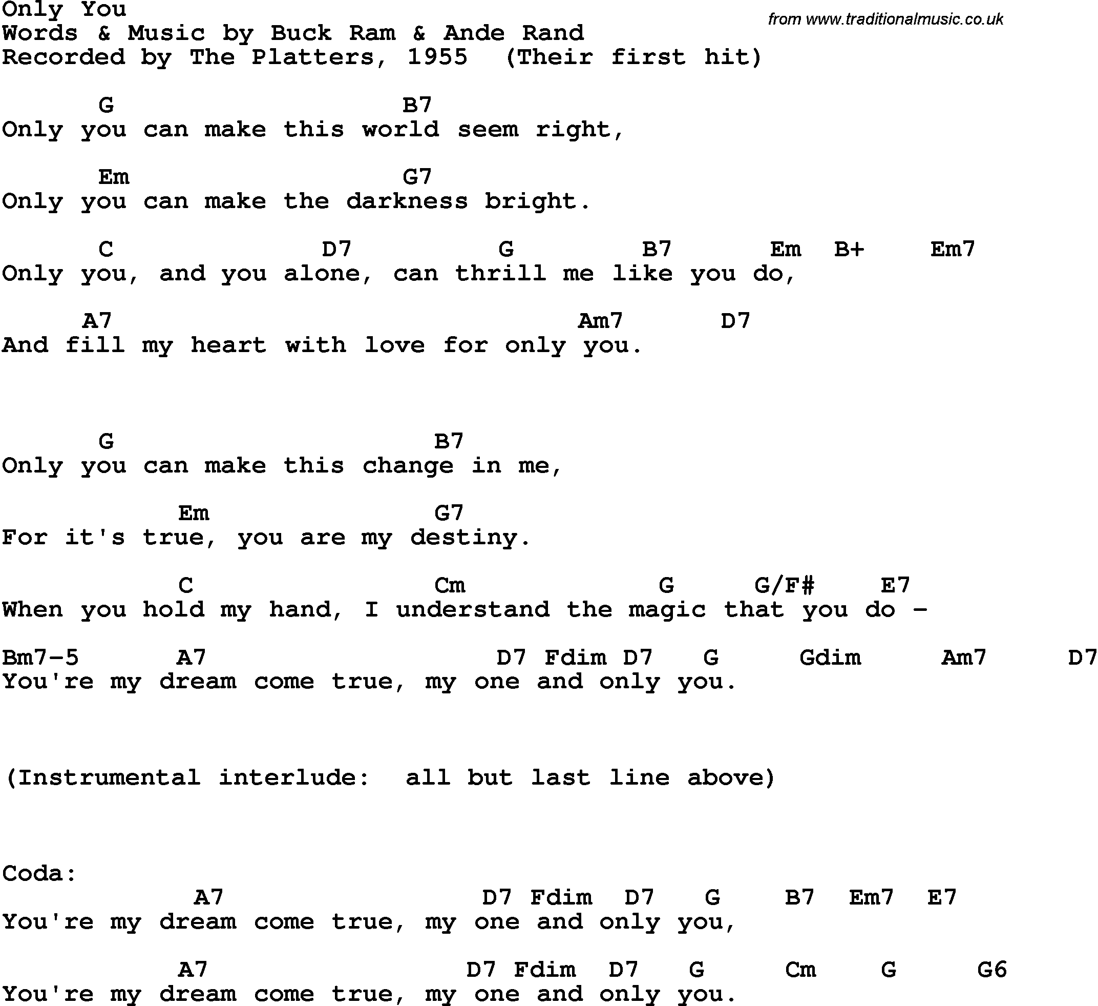 Song Lyrics with guitar chords for Only You - The Platters, 1955