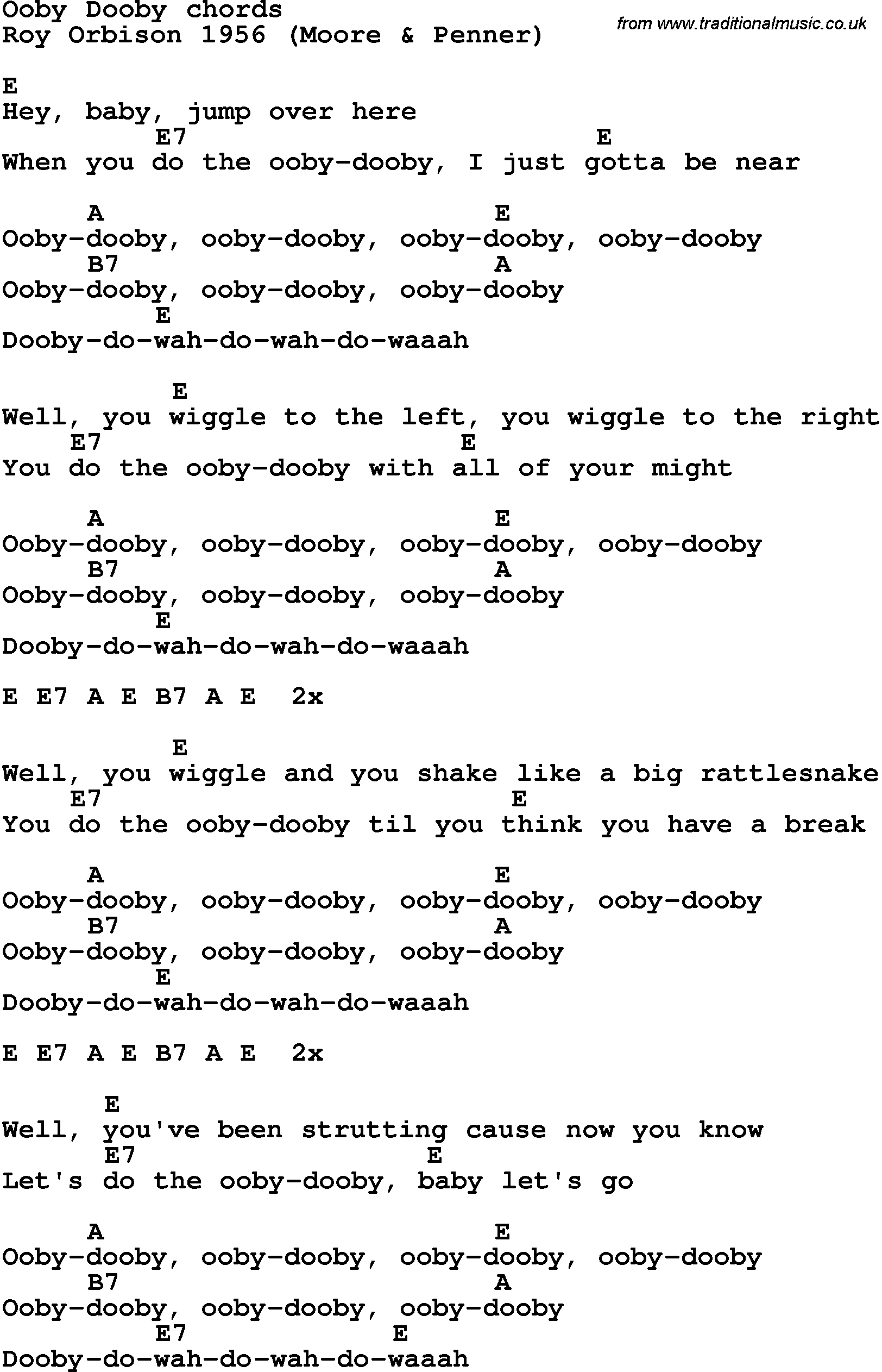 Song Lyrics with guitar chords for Ooby Dooby
