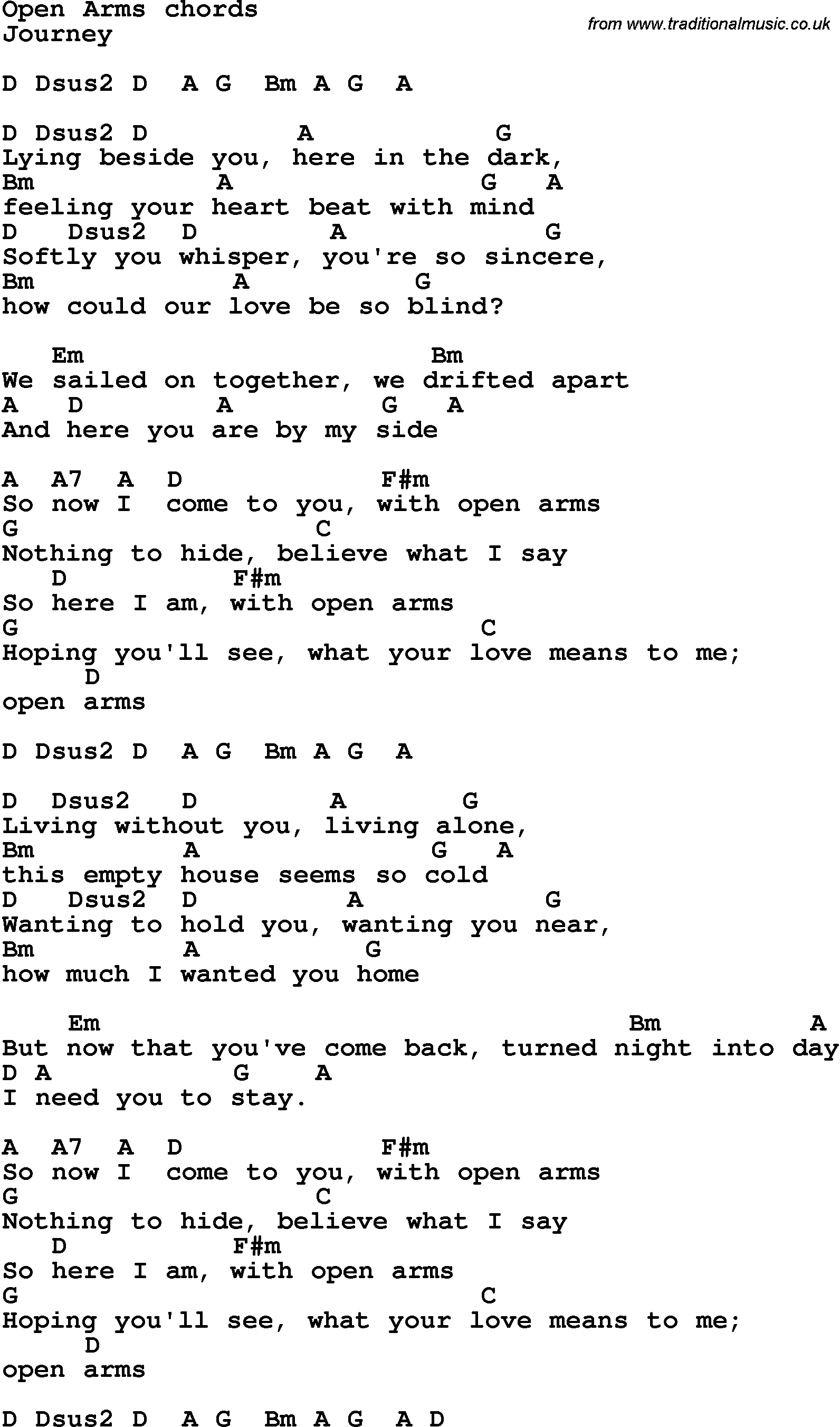 Song Lyrics with guitar chords for Open Arms