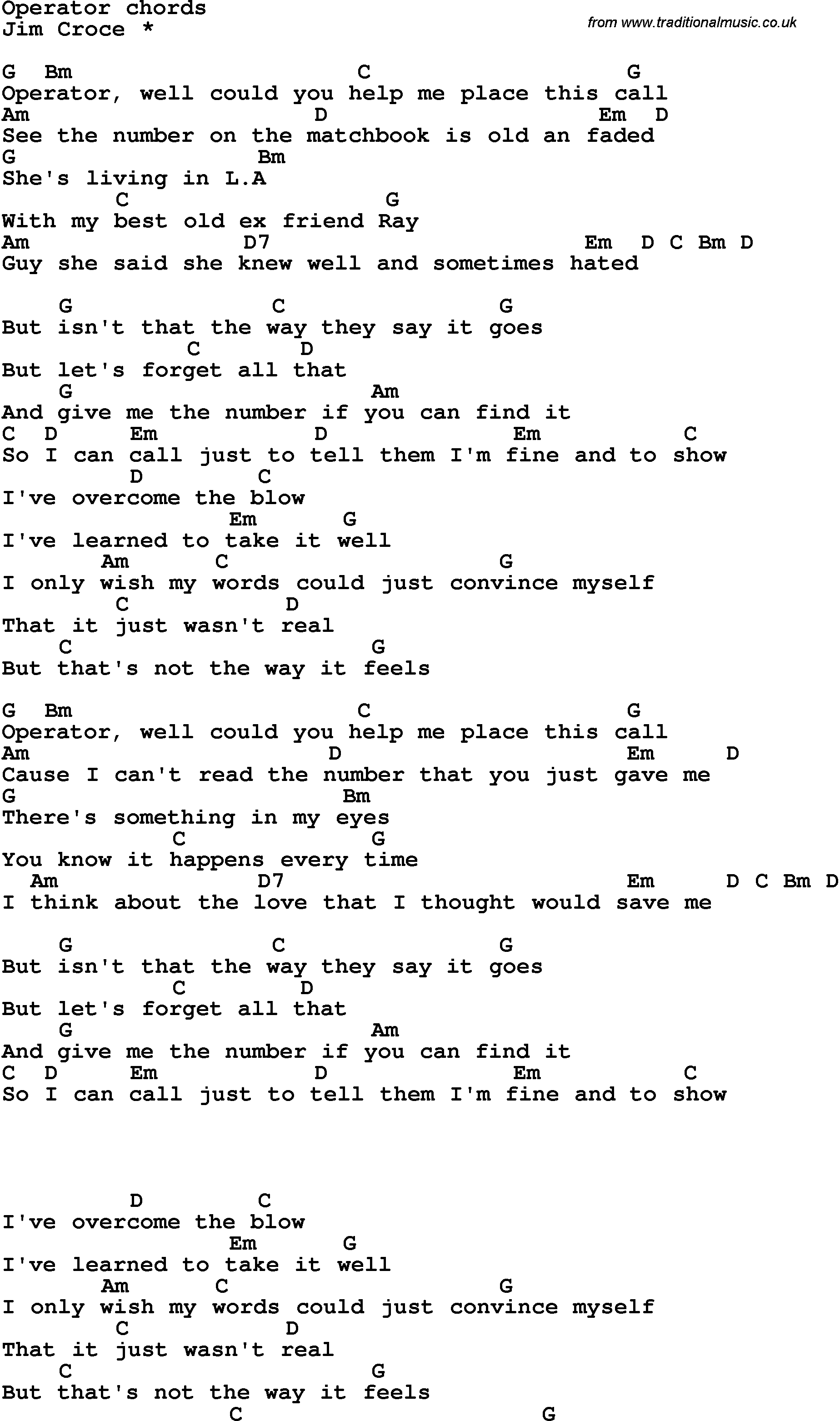 Song Lyrics with guitar chords for Operator