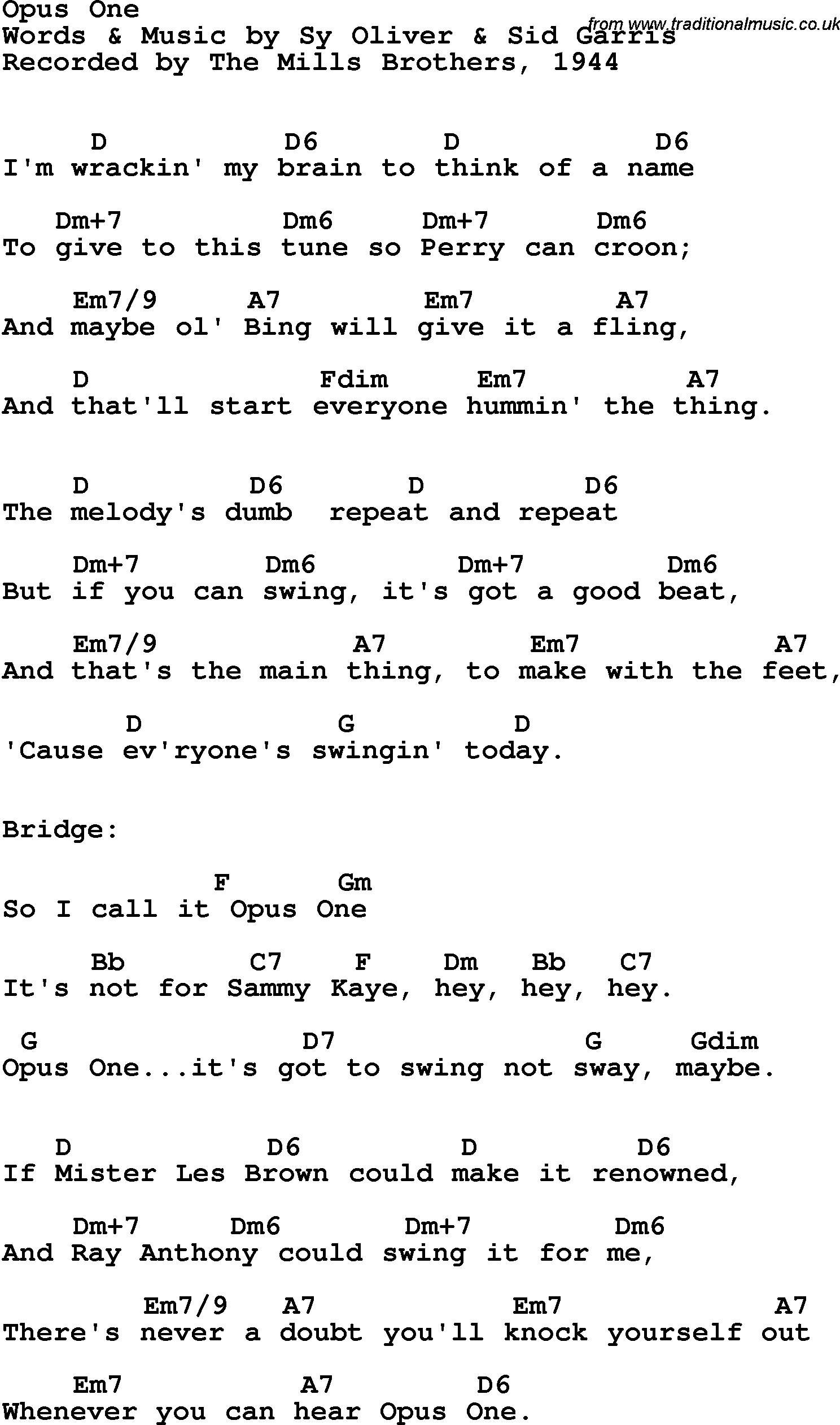 Song Lyrics with guitar chords for Opus One - The Mills Brothers, 1944