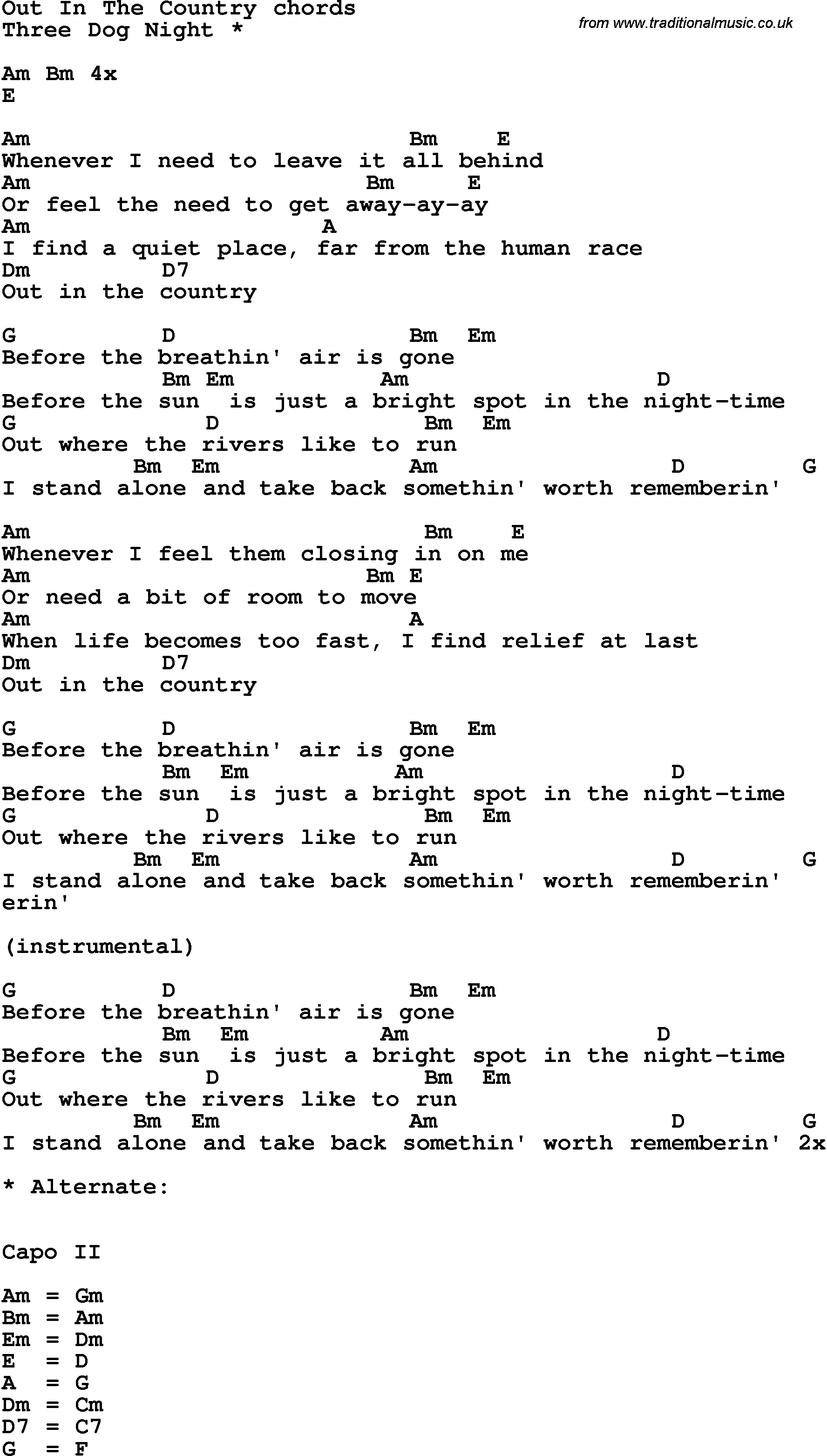 Song Lyrics with guitar chords for Out In The Country