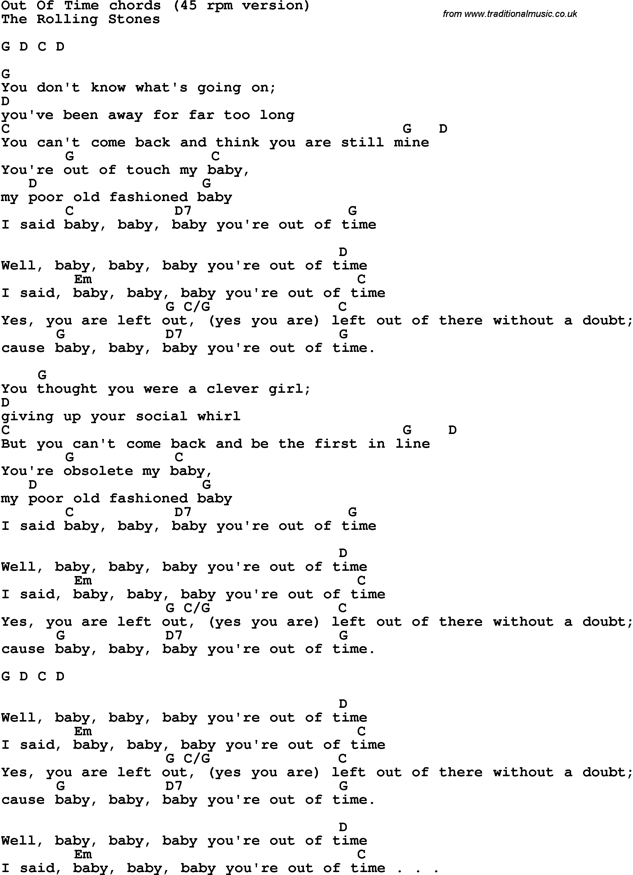 Song Lyrics with guitar chords for Out Of Time