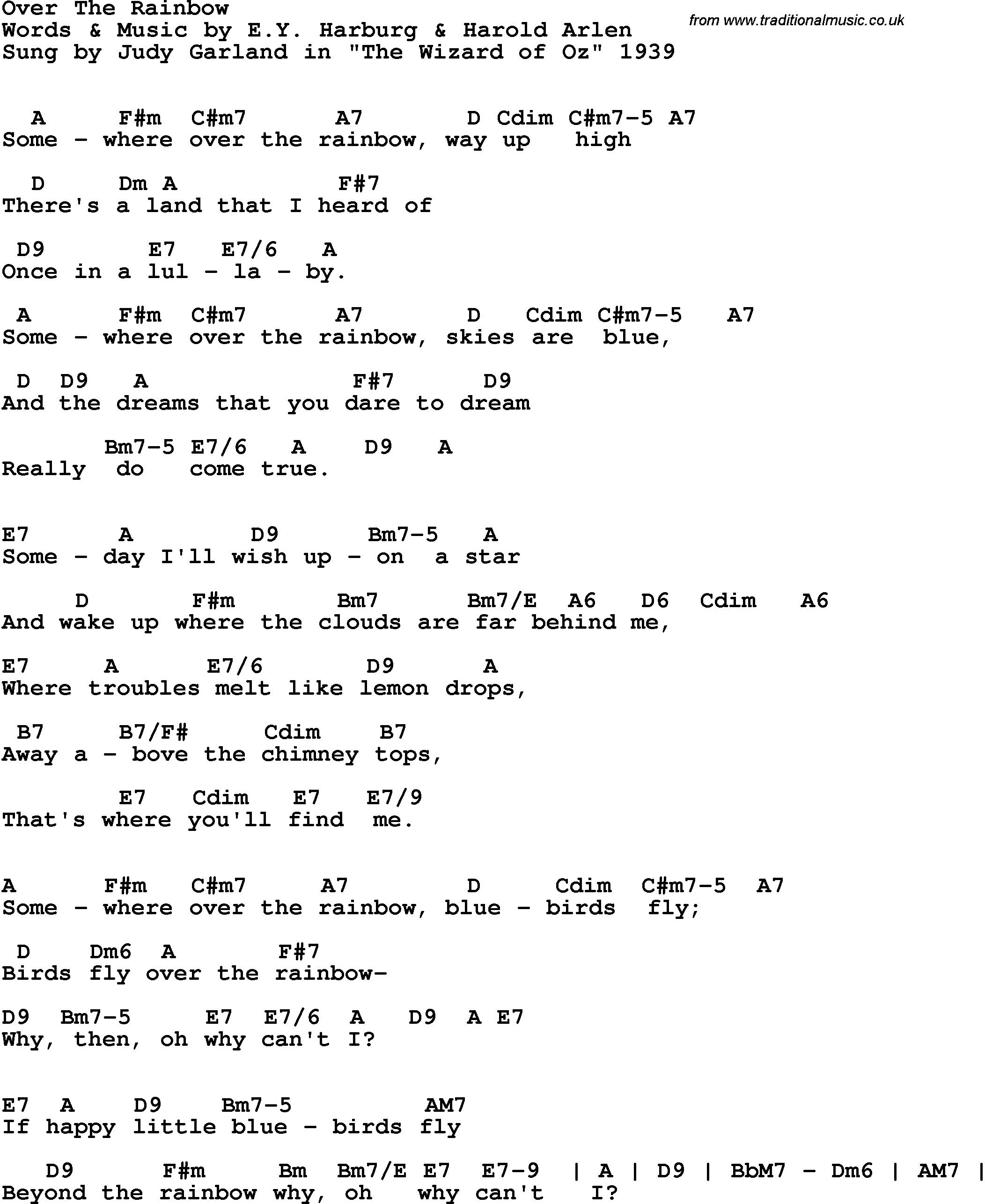 Song Lyrics with guitar chords for Over The Rainbow - Judy Garland, 1939