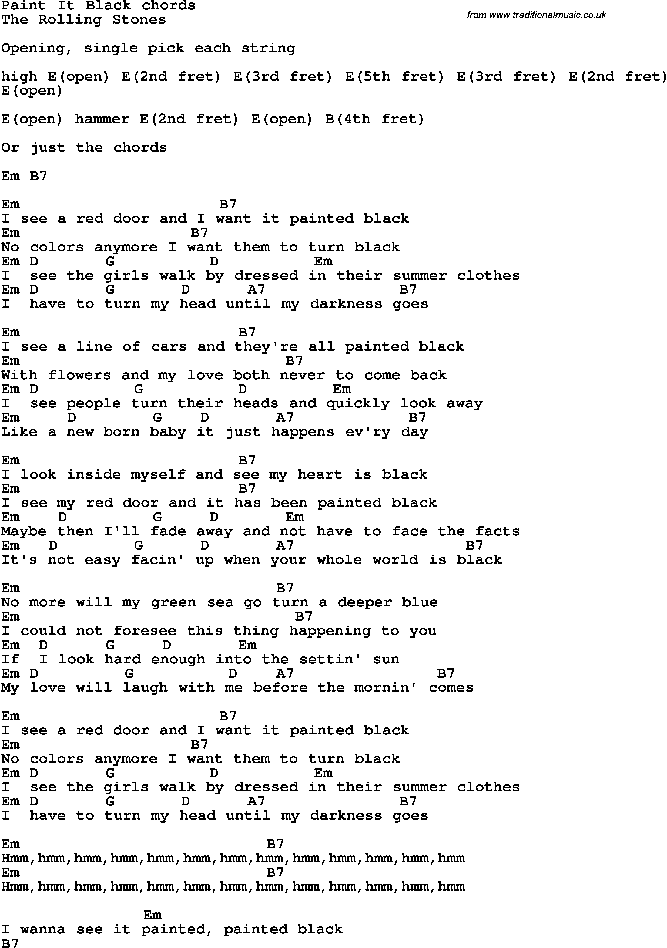 Song Lyrics with guitar chords for Paint It Black