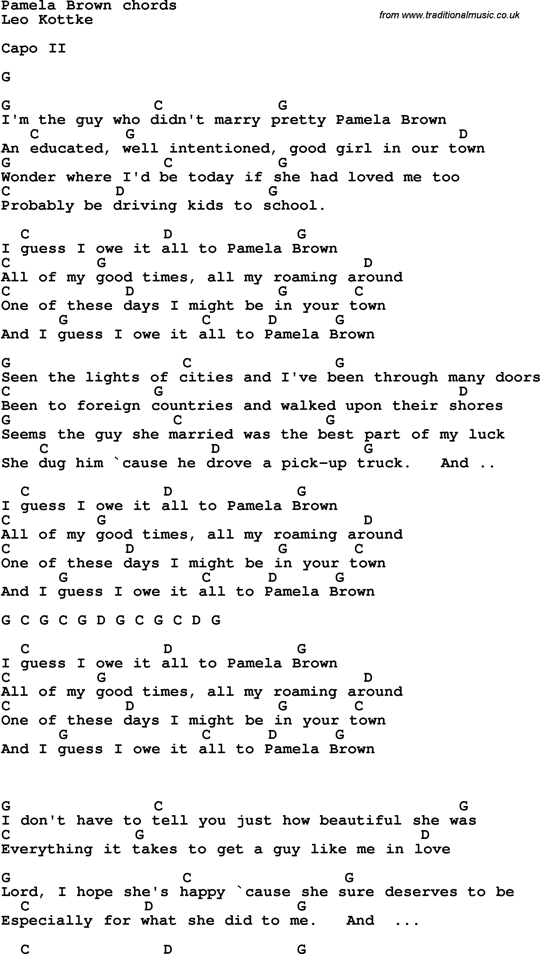 Song Lyrics with guitar chords for Pamela Brown