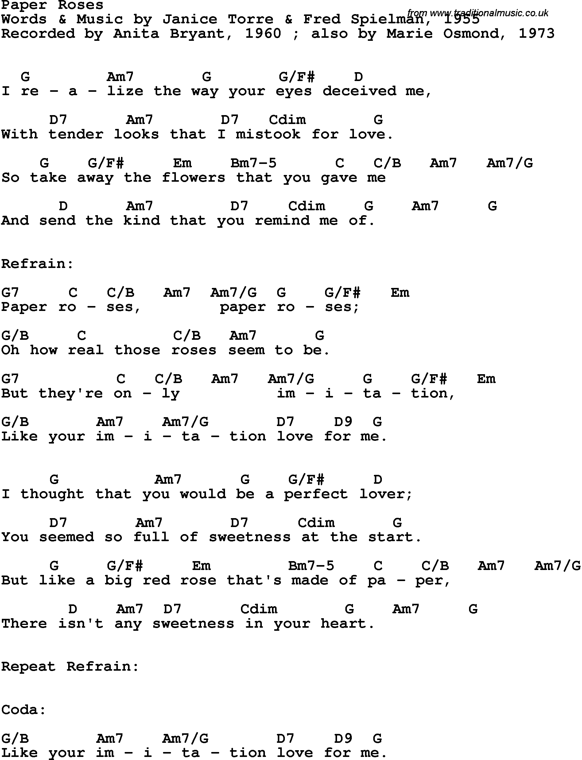 Song Lyrics with guitar chords for Paper Roses - Anita Bryant, 1960