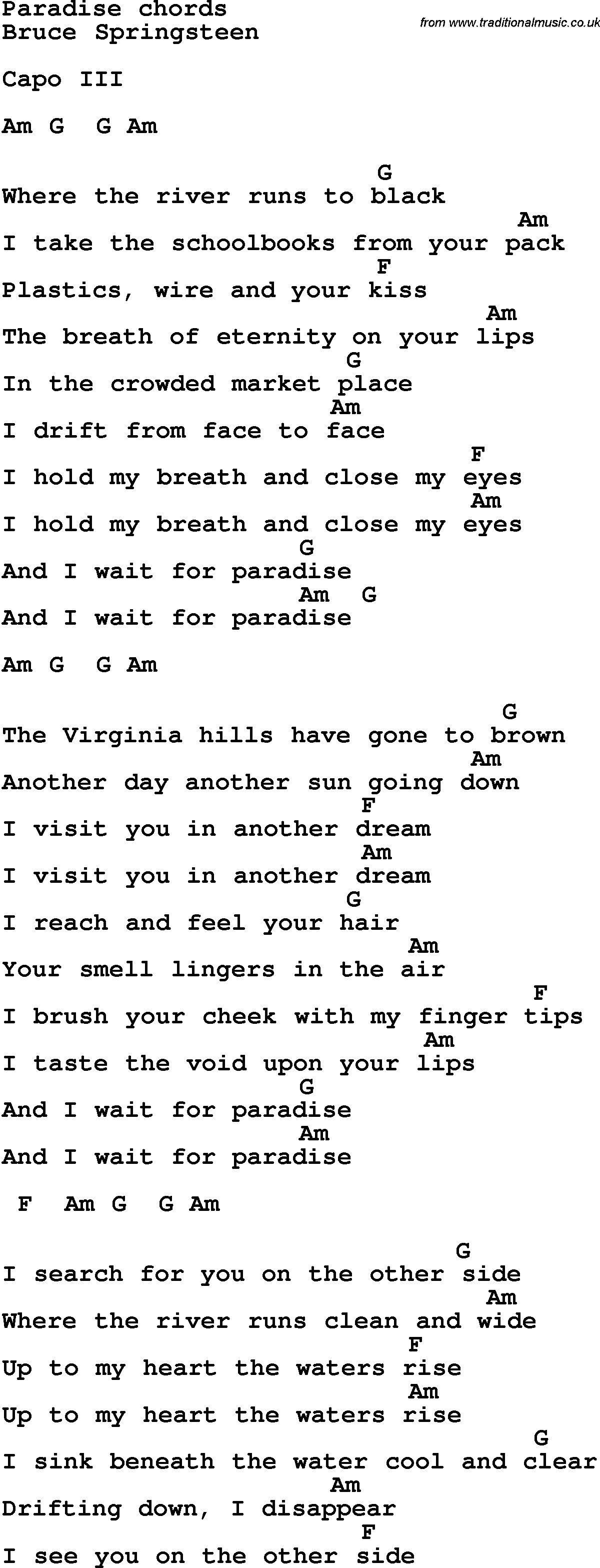 Song Lyrics with guitar chords for Paradise - Bruce Springsteen