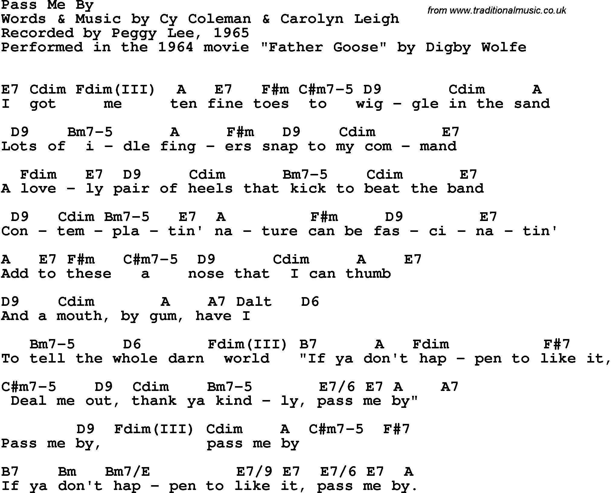 Song Lyrics with guitar chords for Pass Me By - Peggy Lee, 1965