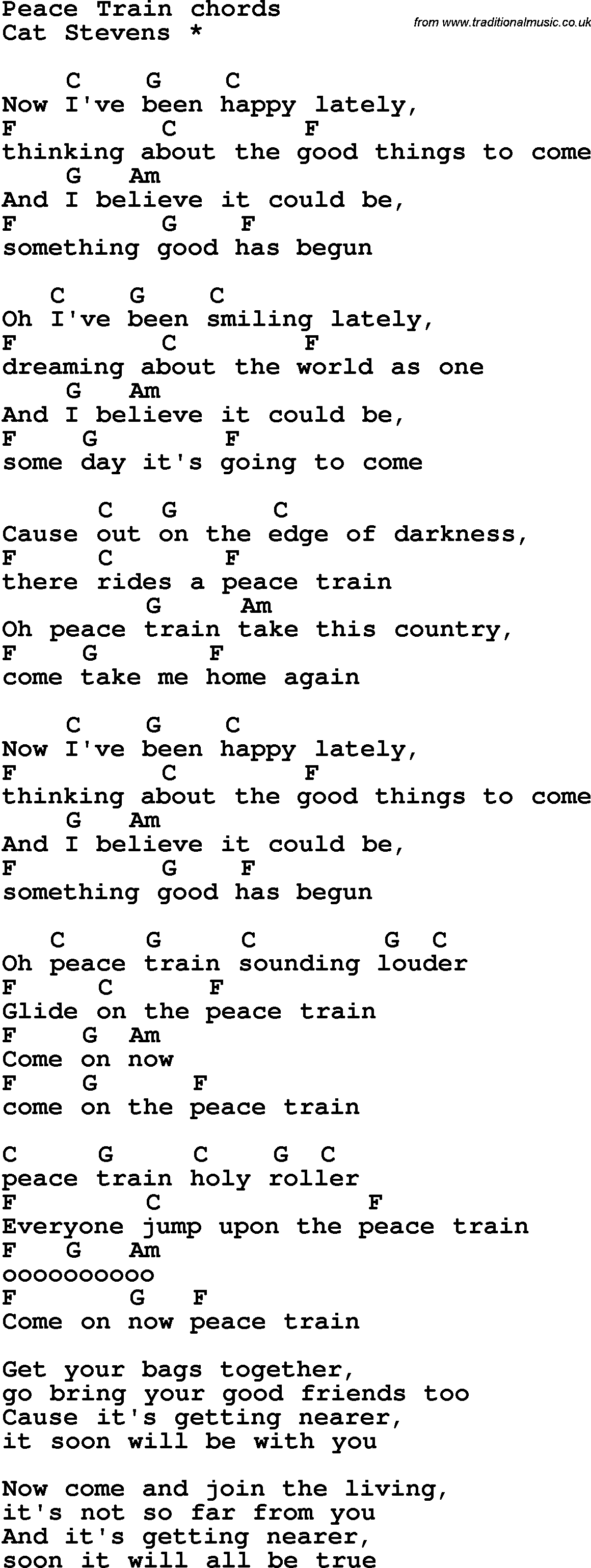 Song Lyrics with guitar chords for Peace Train