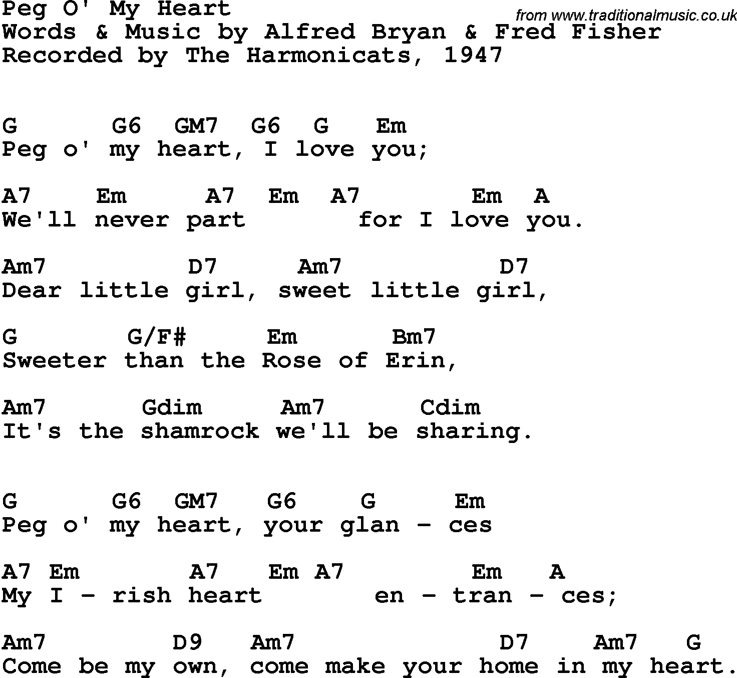 Song Lyrics with guitar chords for Peg O' My Heart - Jerry Murad & The Harmonicats, 1947