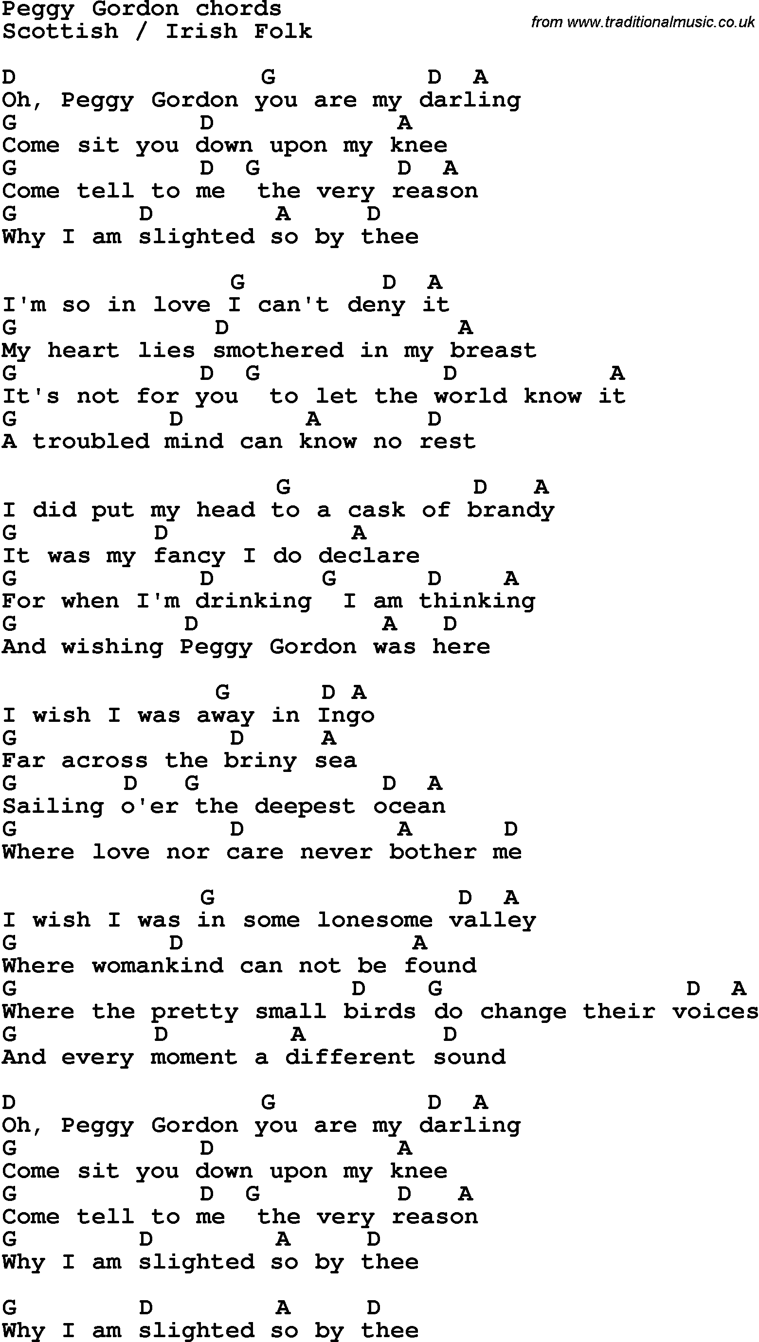 Song Lyrics with guitar chords for Peggy Gordon