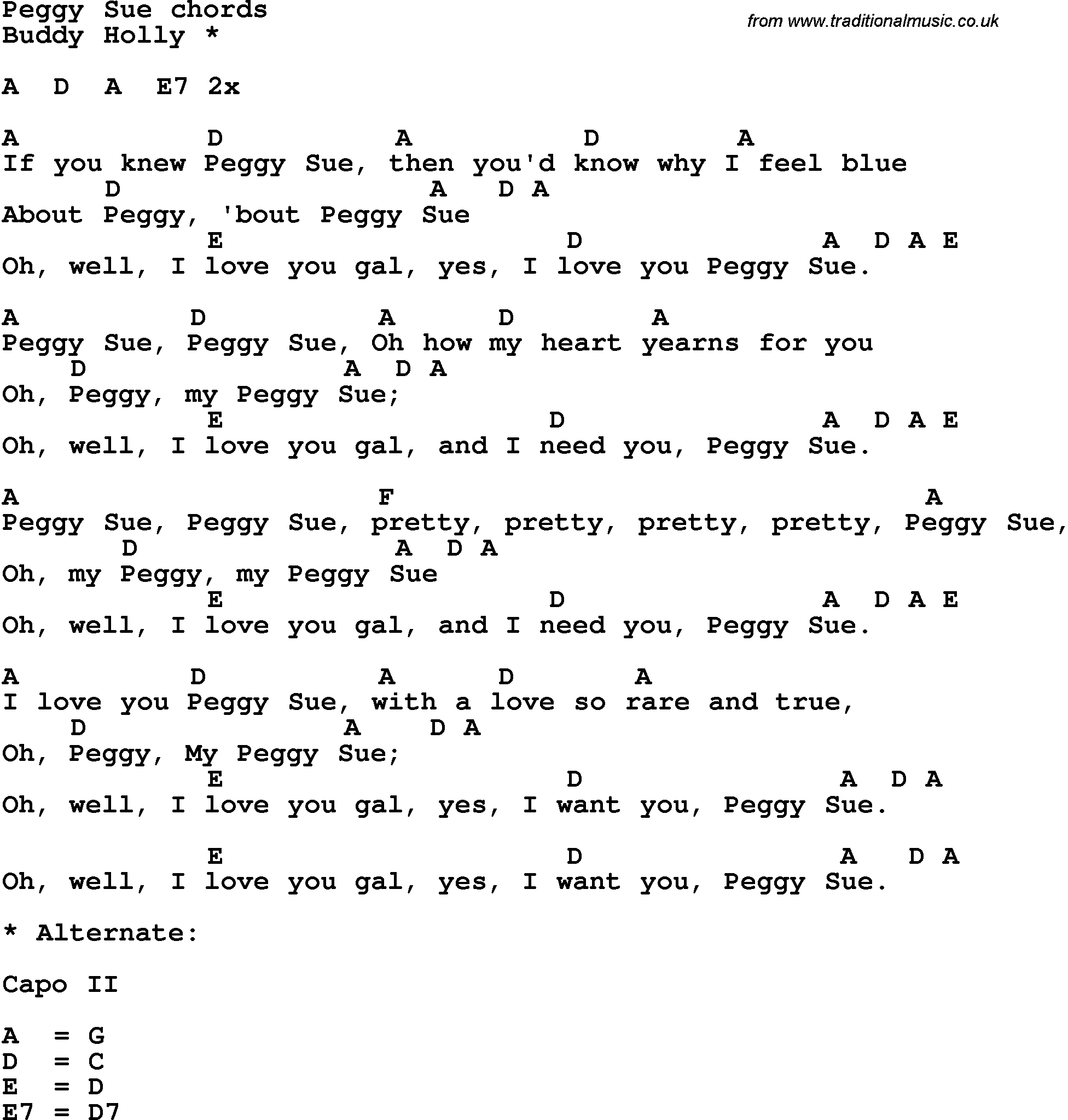 Song Lyrics with guitar chords for Peggy Sue