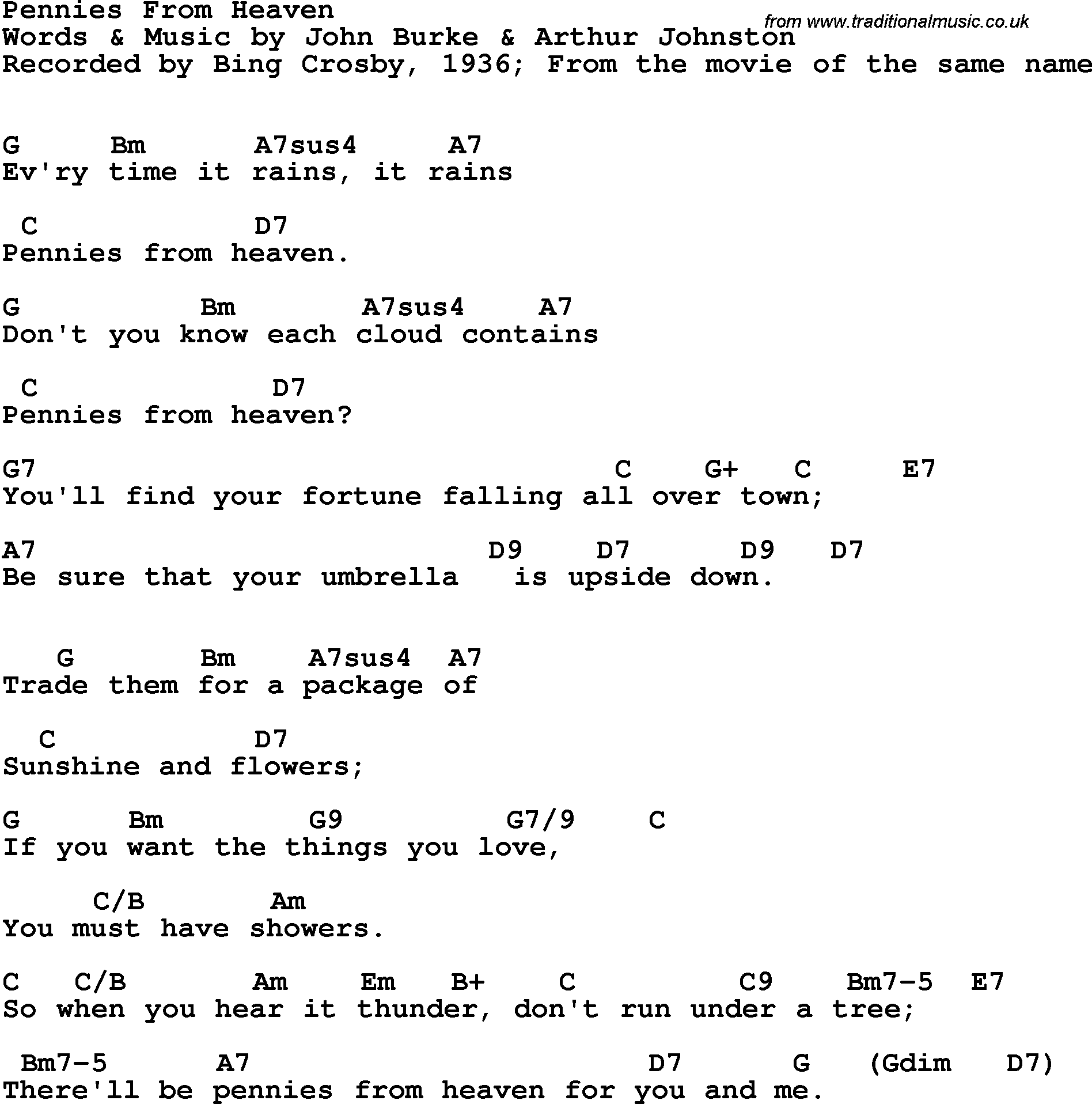 Song Lyrics with guitar chords for Pennies From Heaven - Bing Crosby, 1936