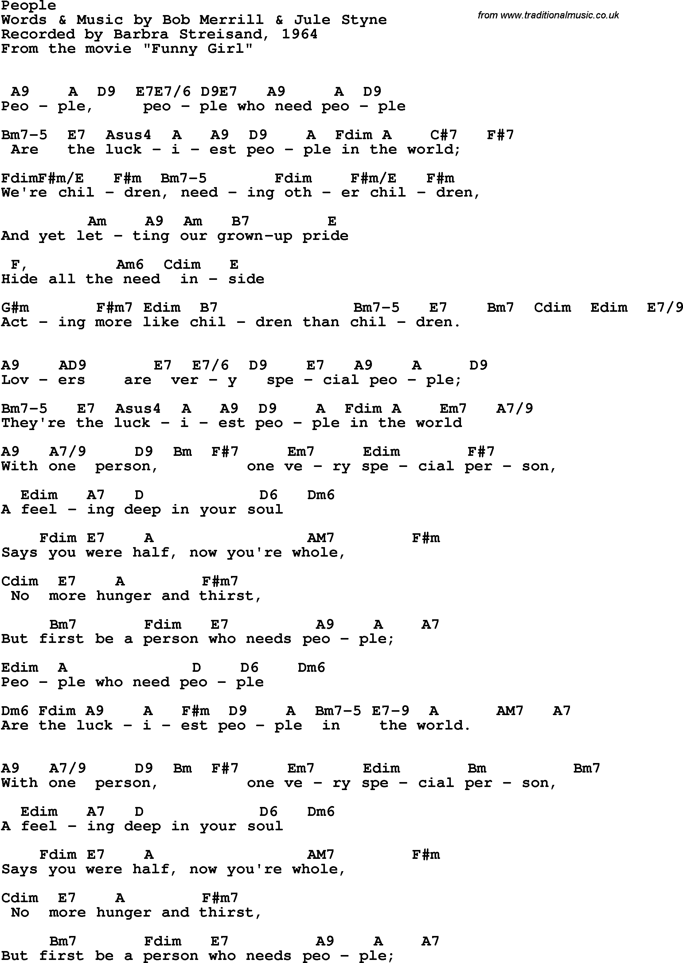 Song Lyrics with guitar chords for People - Barbra Streisand,  1964