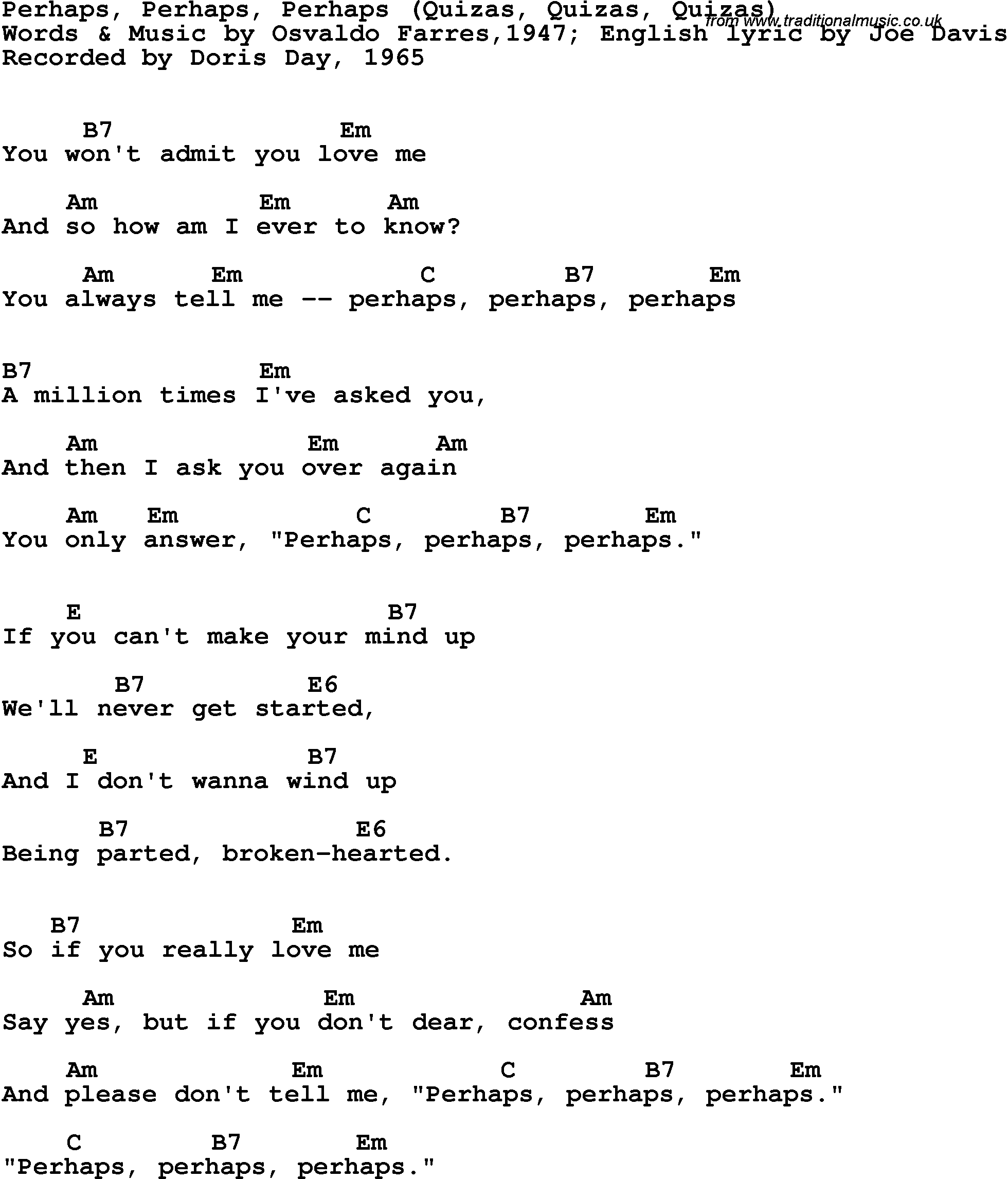 Song Lyrics with guitar chords for Perhaps, Perhaps, Perhaps - Doris Day, 1965