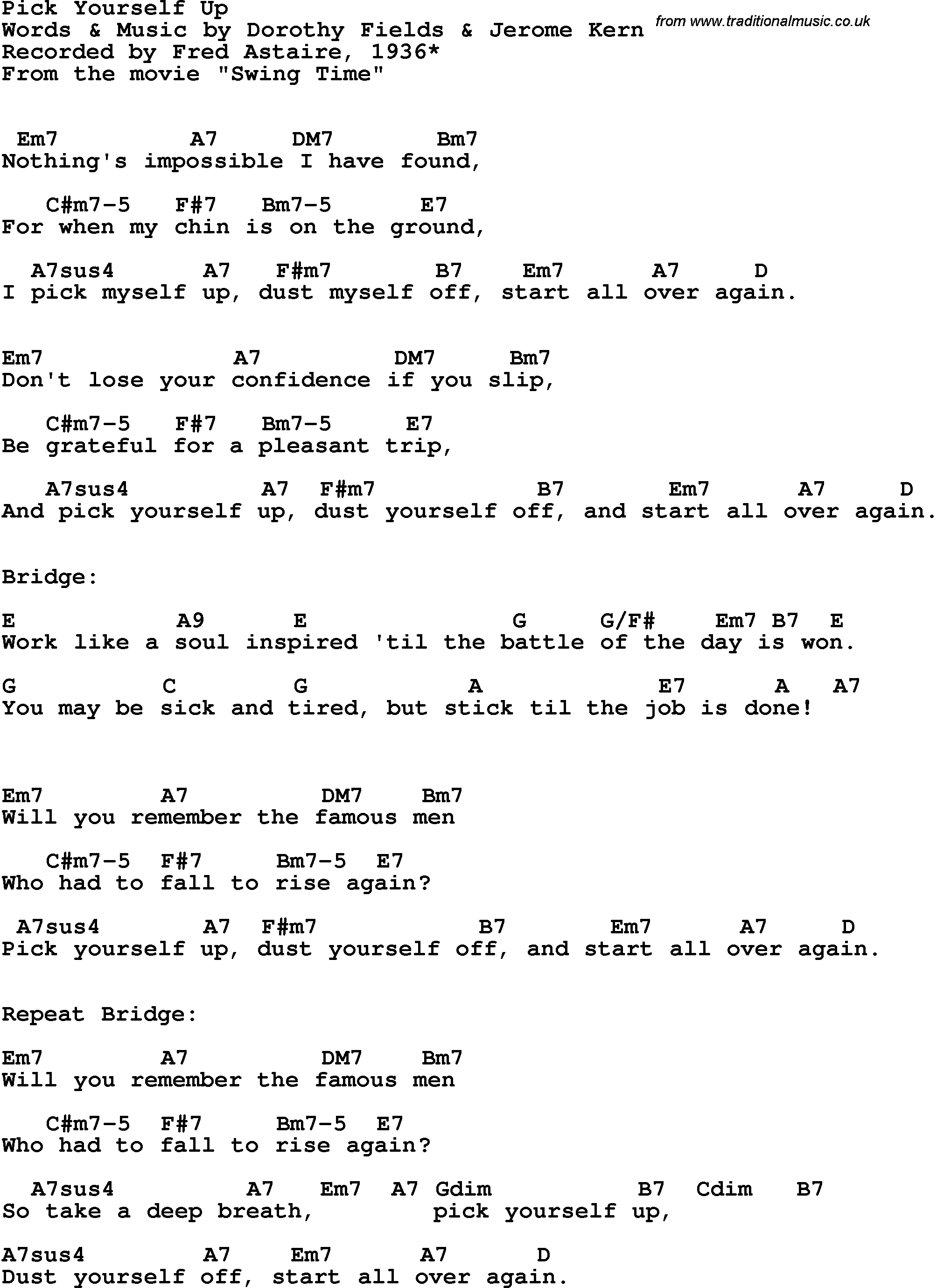 Song Lyrics with guitar chords for Pick Yourself Up - Fred Astaire, 1936