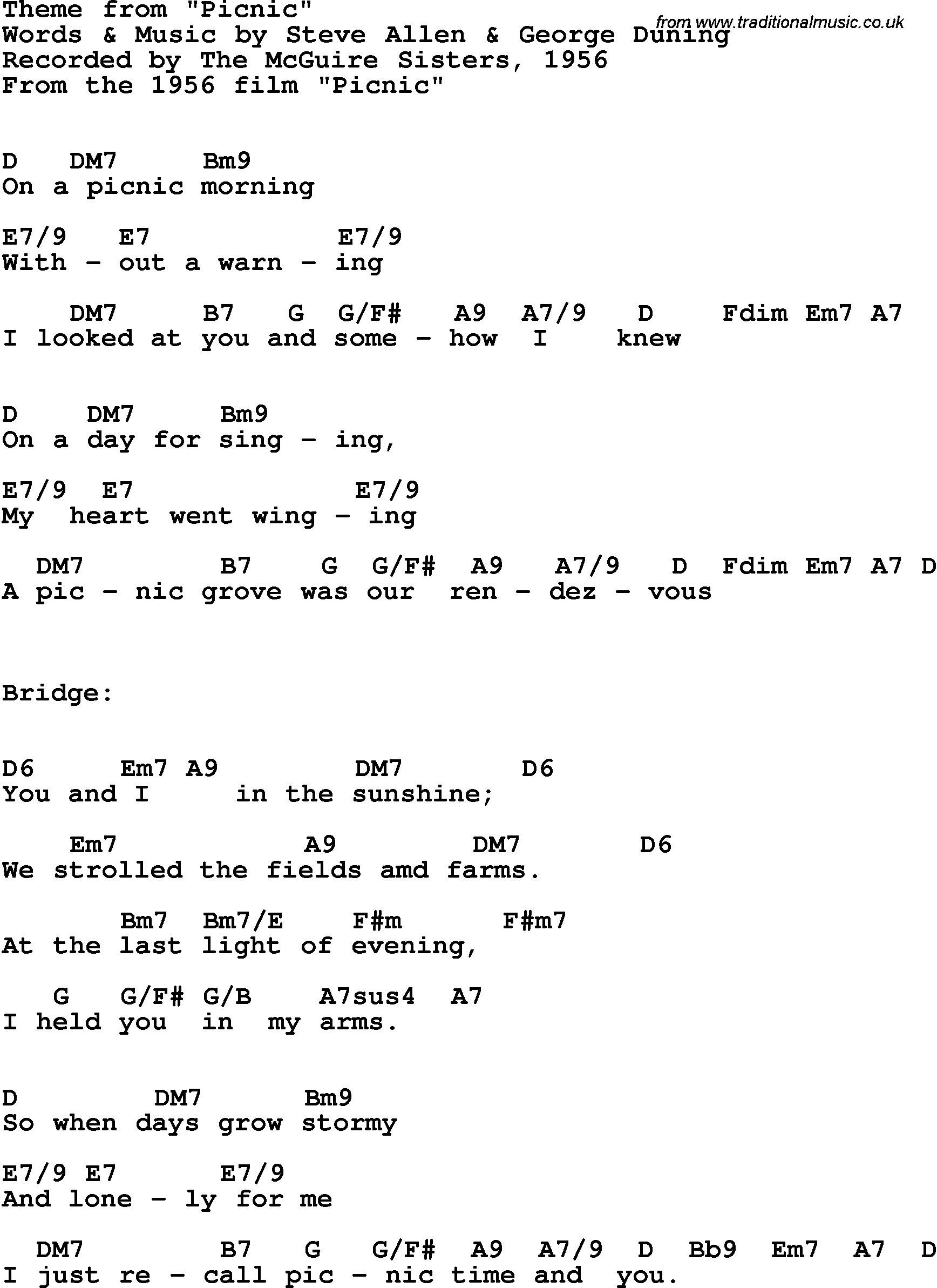 Song Lyrics with guitar chords for Picnic - The Mcguire Sisters, 1956