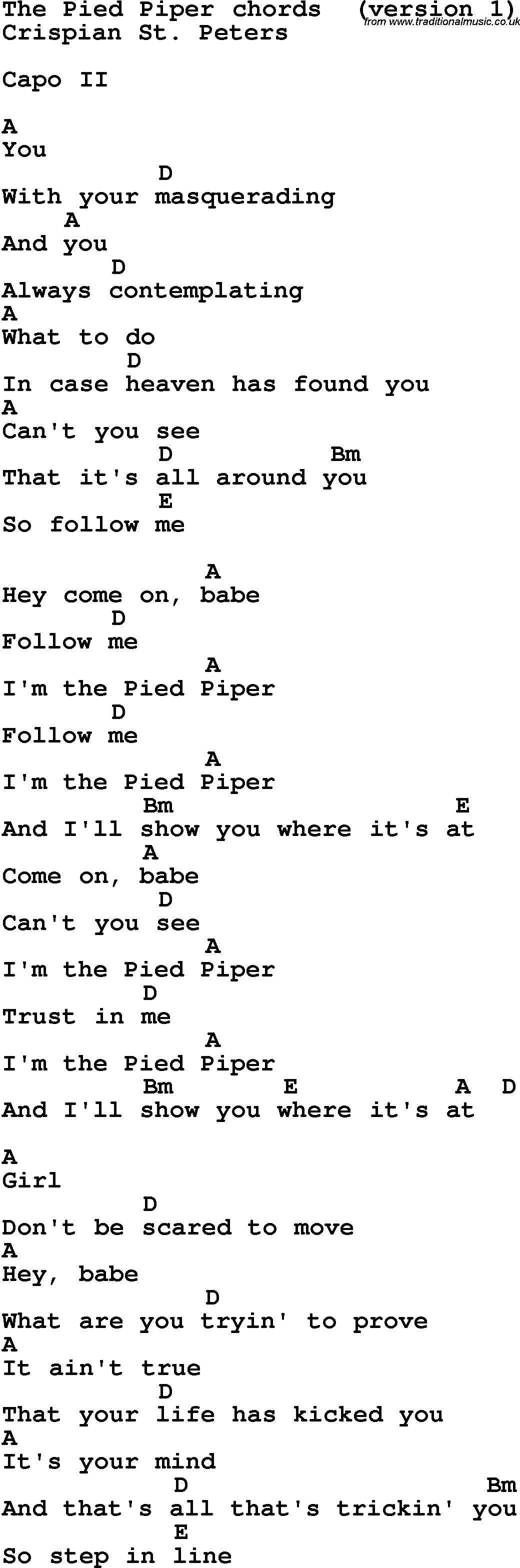 Song Lyrics with guitar chords for Pied Piper