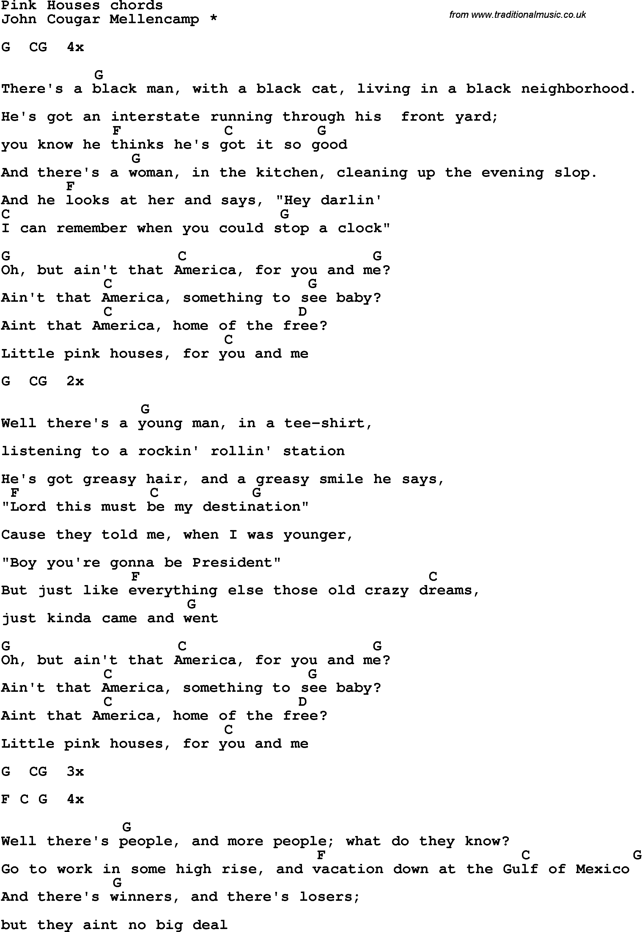 Song Lyrics with guitar chords for Pink Houses