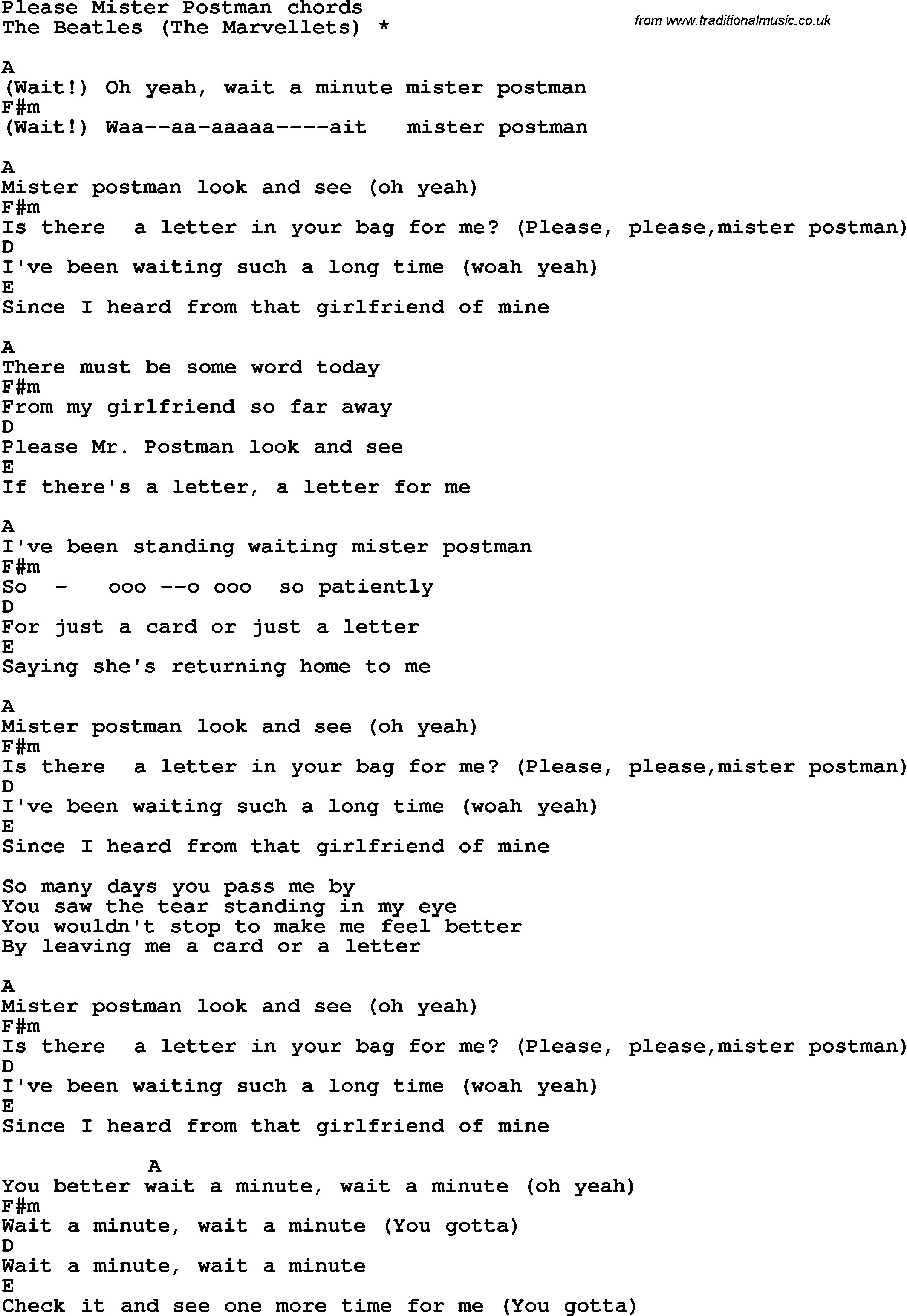 Song Lyrics with guitar chords for Please Mister Postman