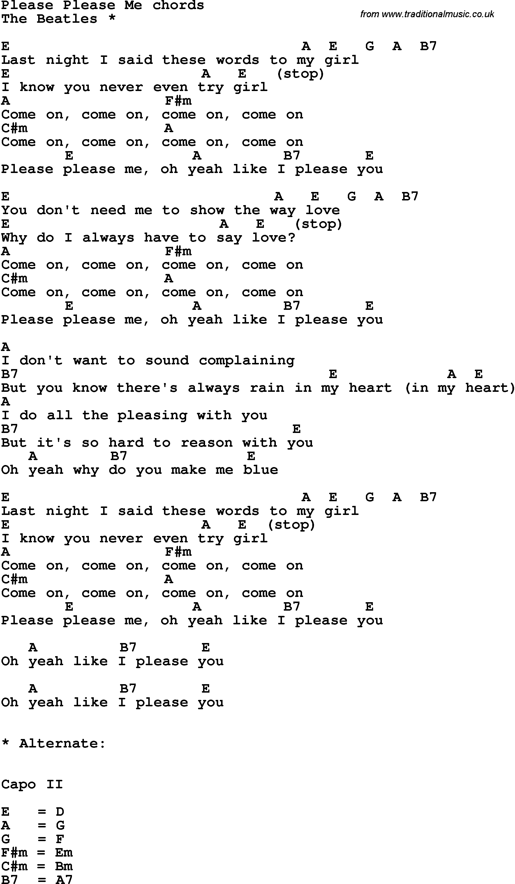 Song Lyrics with guitar chords for Please Please Me - The Beatles