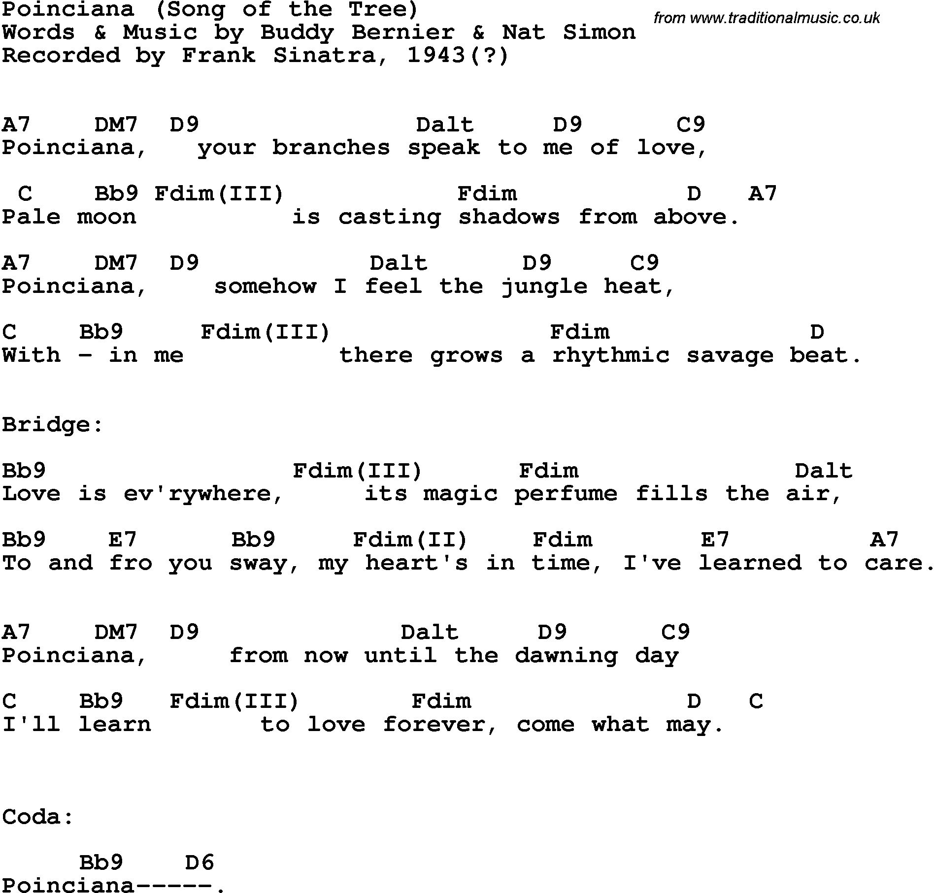 Song Lyrics with guitar chords for Poinciana - Frank Sinatra, 1943