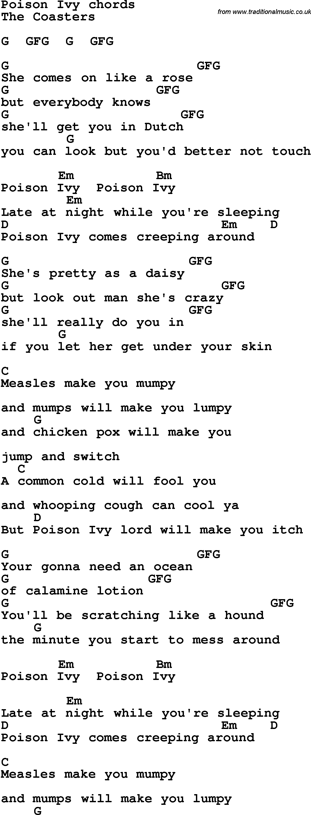 Song Lyrics with guitar chords for Poison Ivy