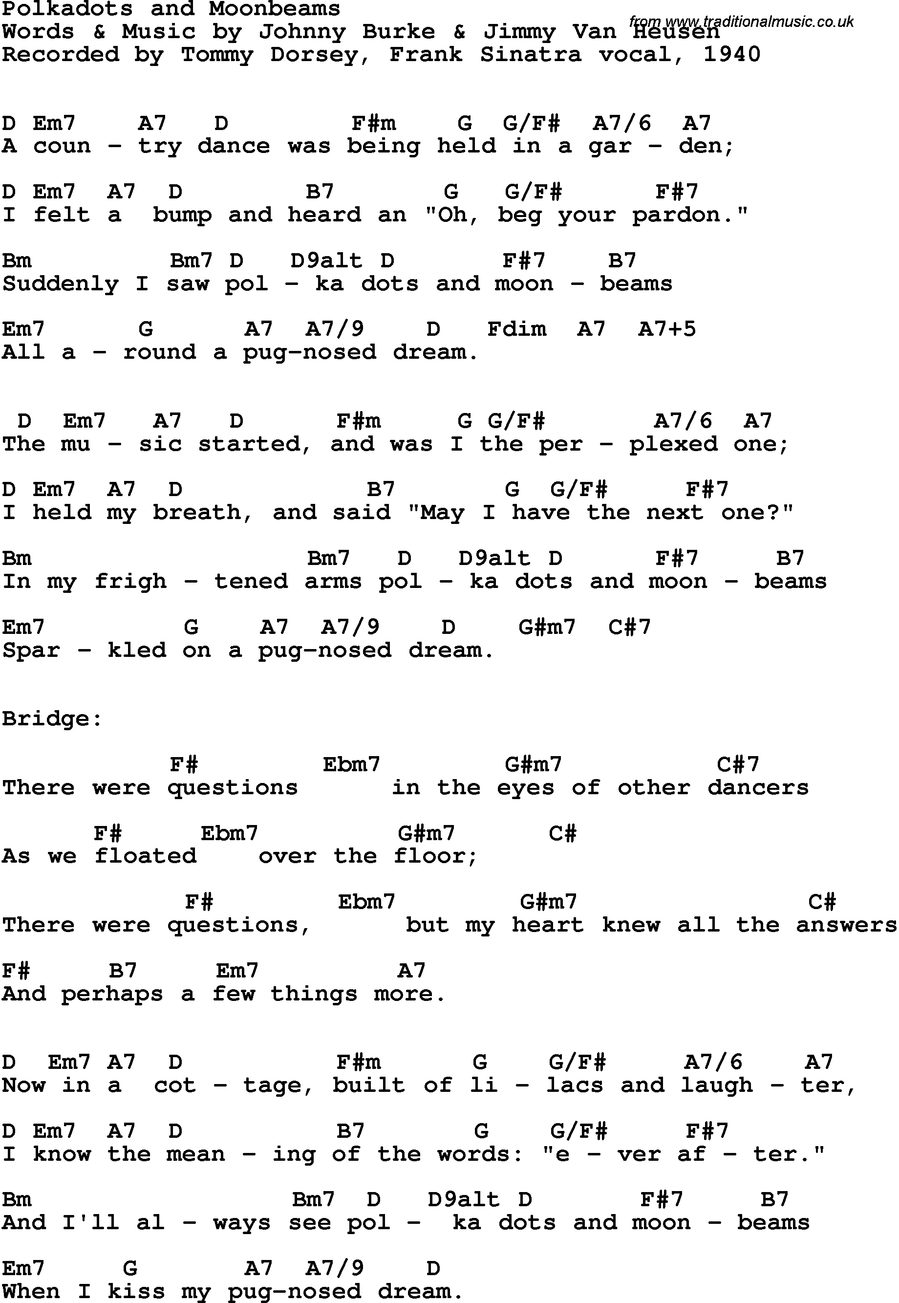 Song Lyrics with guitar chords for Polka Dots And Moonbeams - Tommy Dorsey, 1940, Frank Sinatra Vocal