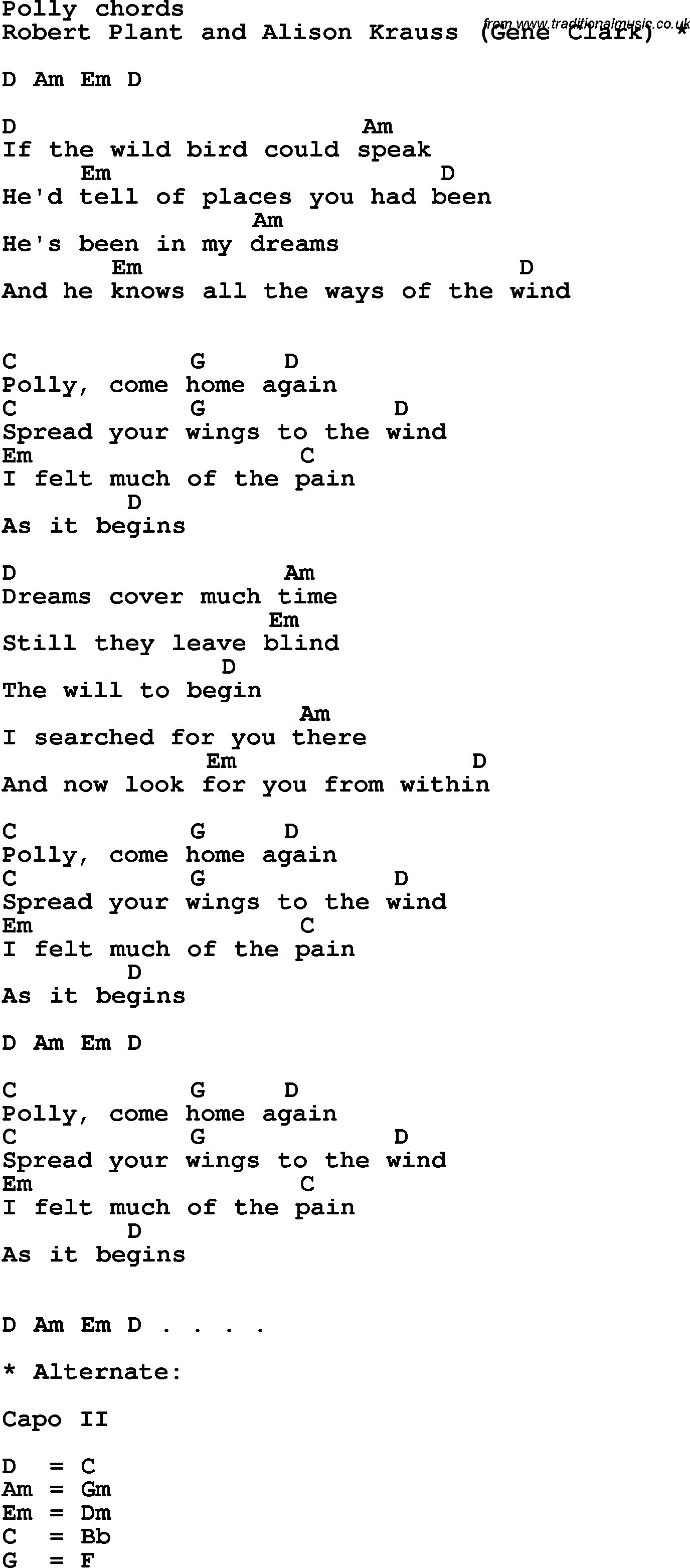 Song Lyrics with guitar chords for Polly - Robert Plant And Alison Krauss