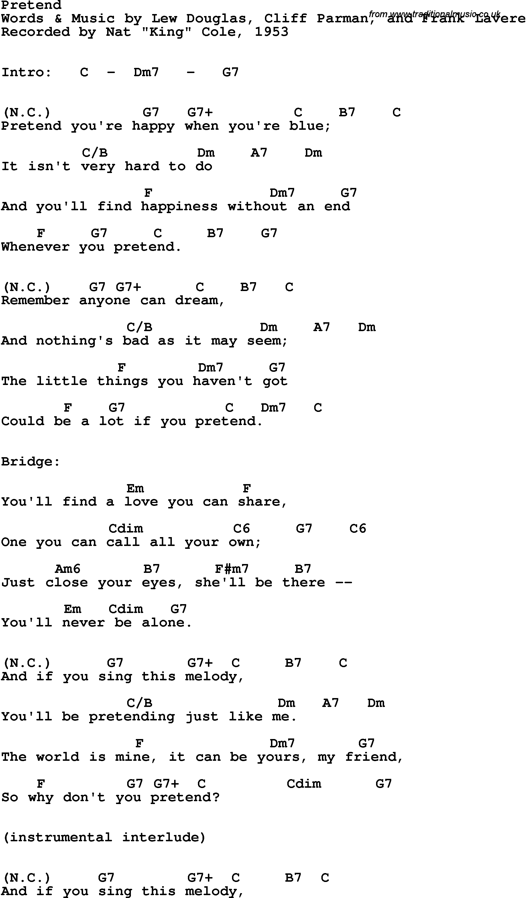 Song Lyrics with guitar chords for Pretend - Nat King Cole, 1953