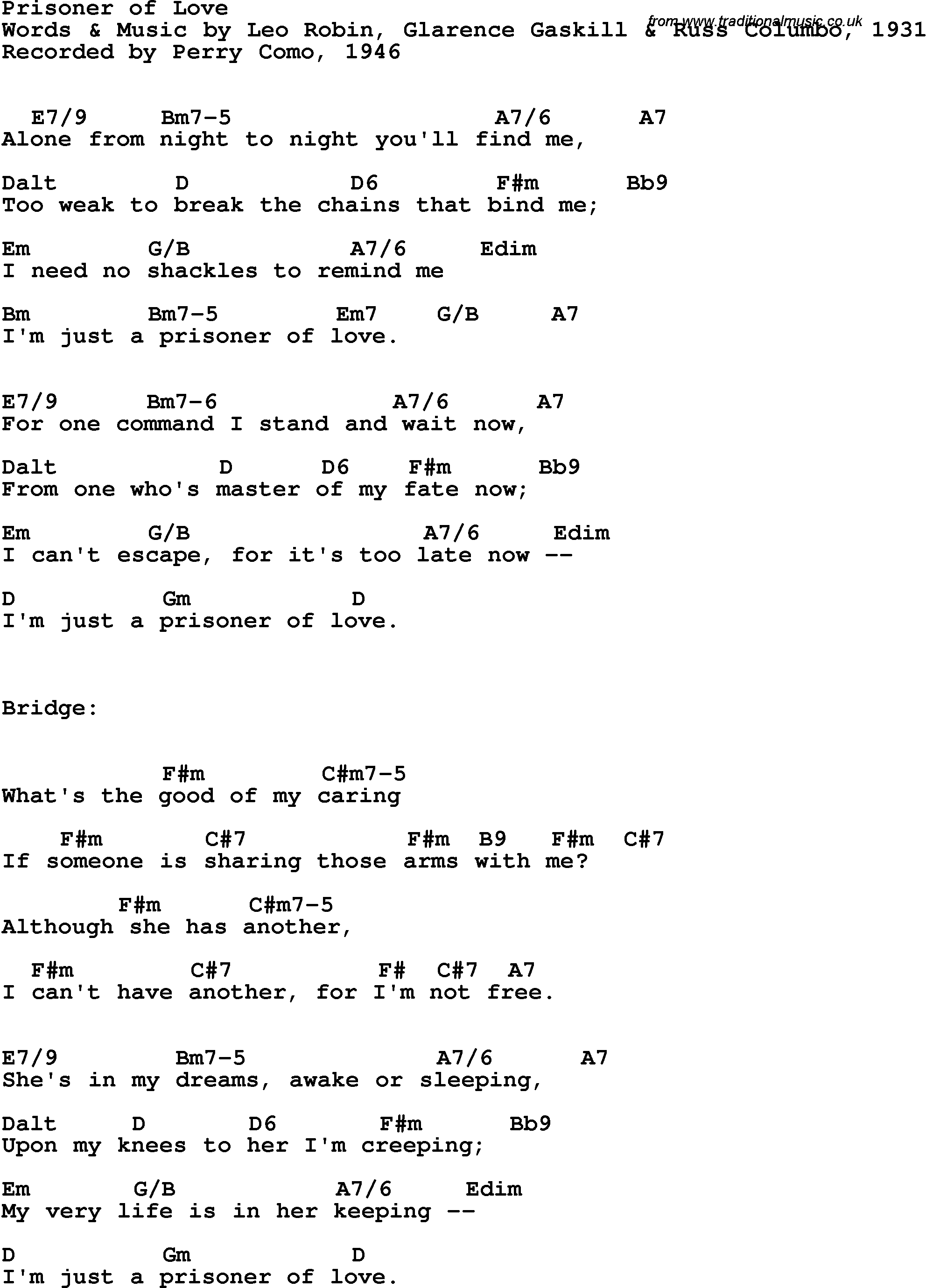 Song Lyrics with guitar chords for Prisoner Of Love - Perry Como, 1946