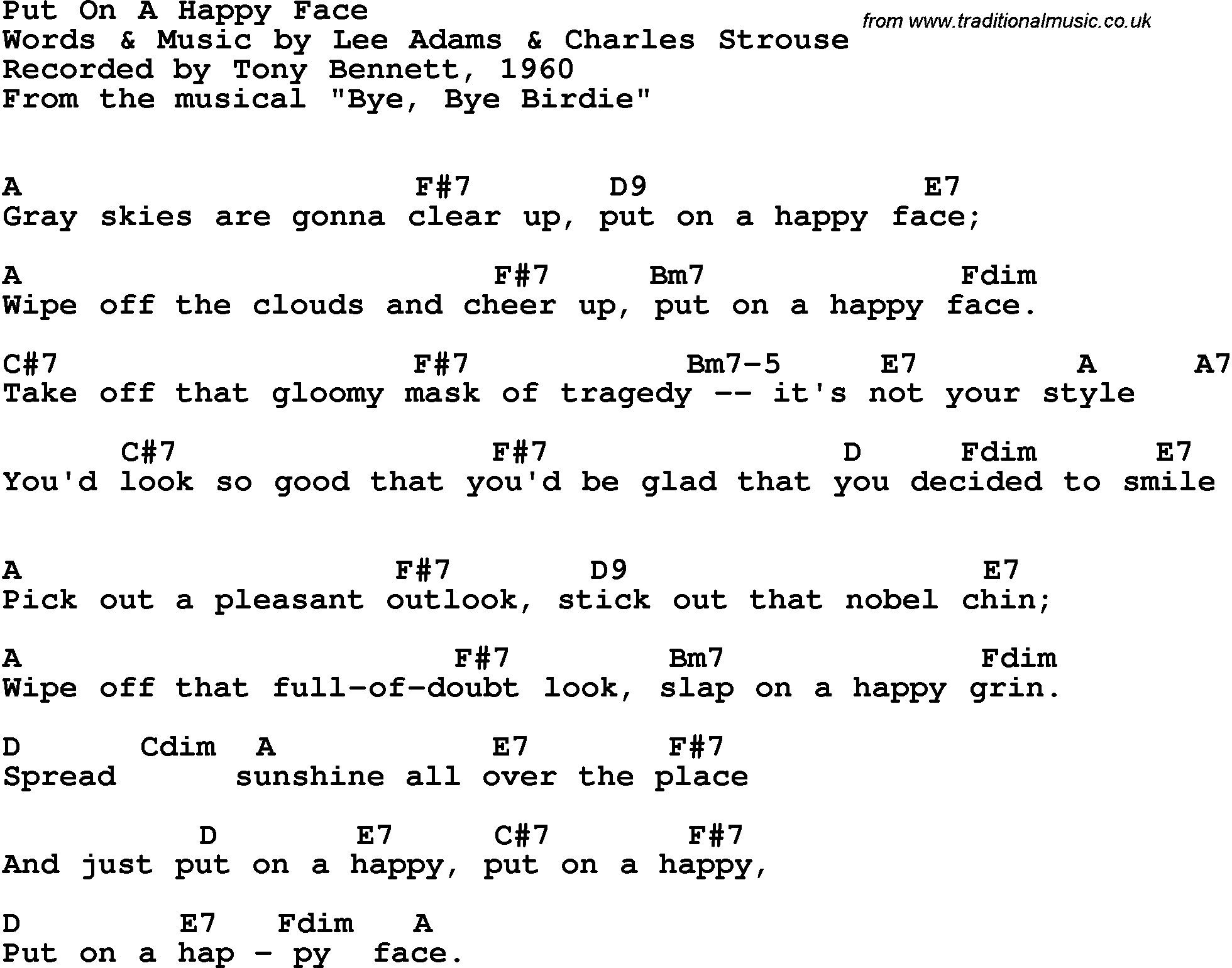 Song Lyrics with guitar chords for Put On A Happy Face - Tony Bennett, 1950