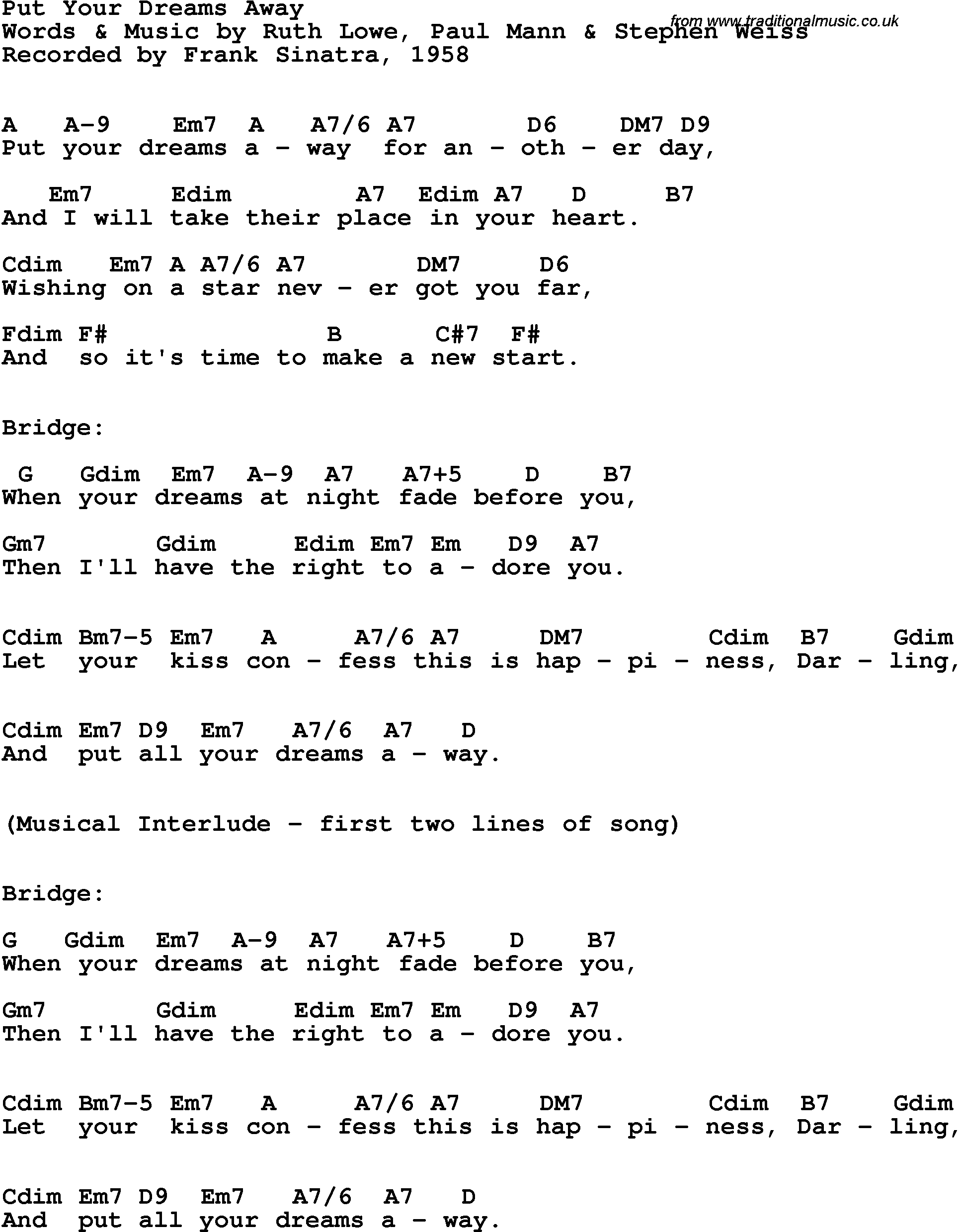 Song Lyrics with guitar chords for Put Your Dreams Away - Frank Sinatra, 1958